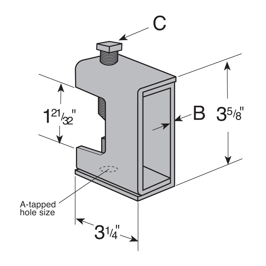 Flexstrut Beam Clamp With Tapped Hole Drawing With Dimensions