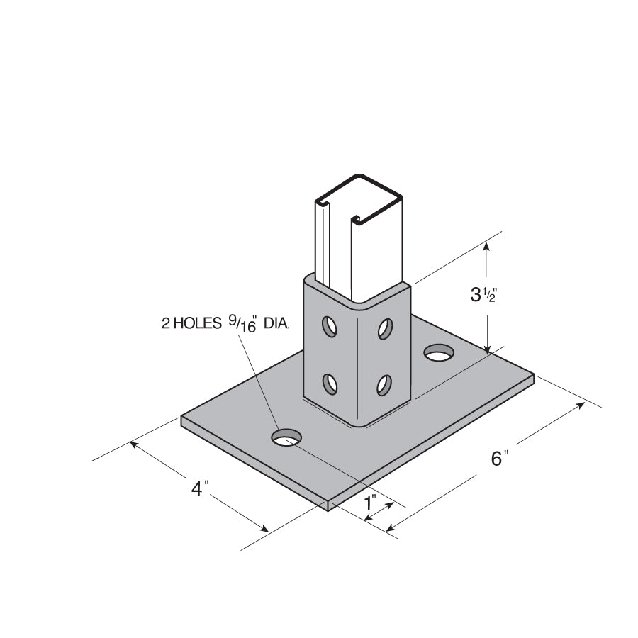 Flexstrut 2-Hole Single Channel Post Base Drawing With Dimensions