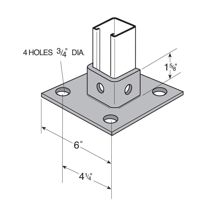 Flexstrut Square Single Channel Post Base Drawing With Dimensions
