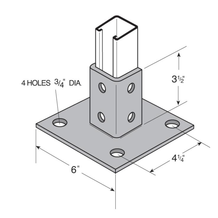 Flexstrut Square Single Channel Post Base Drawing With Dimensions
