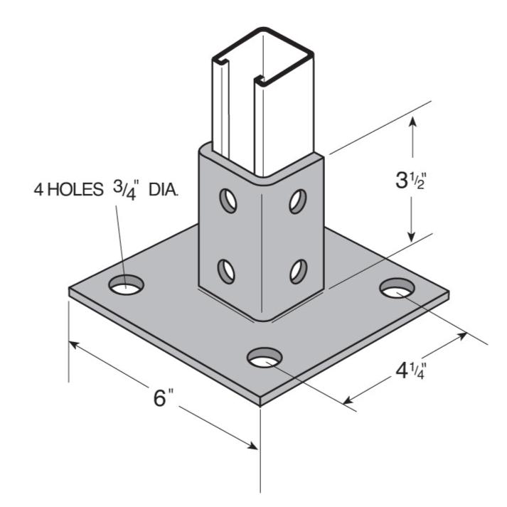Flexstrut Square Single Channel Post Base Drawing With Dimensions