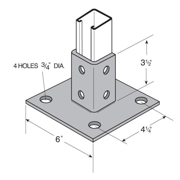 Flexstrut Square Single Channel Post Base Drawing With Dimensions
