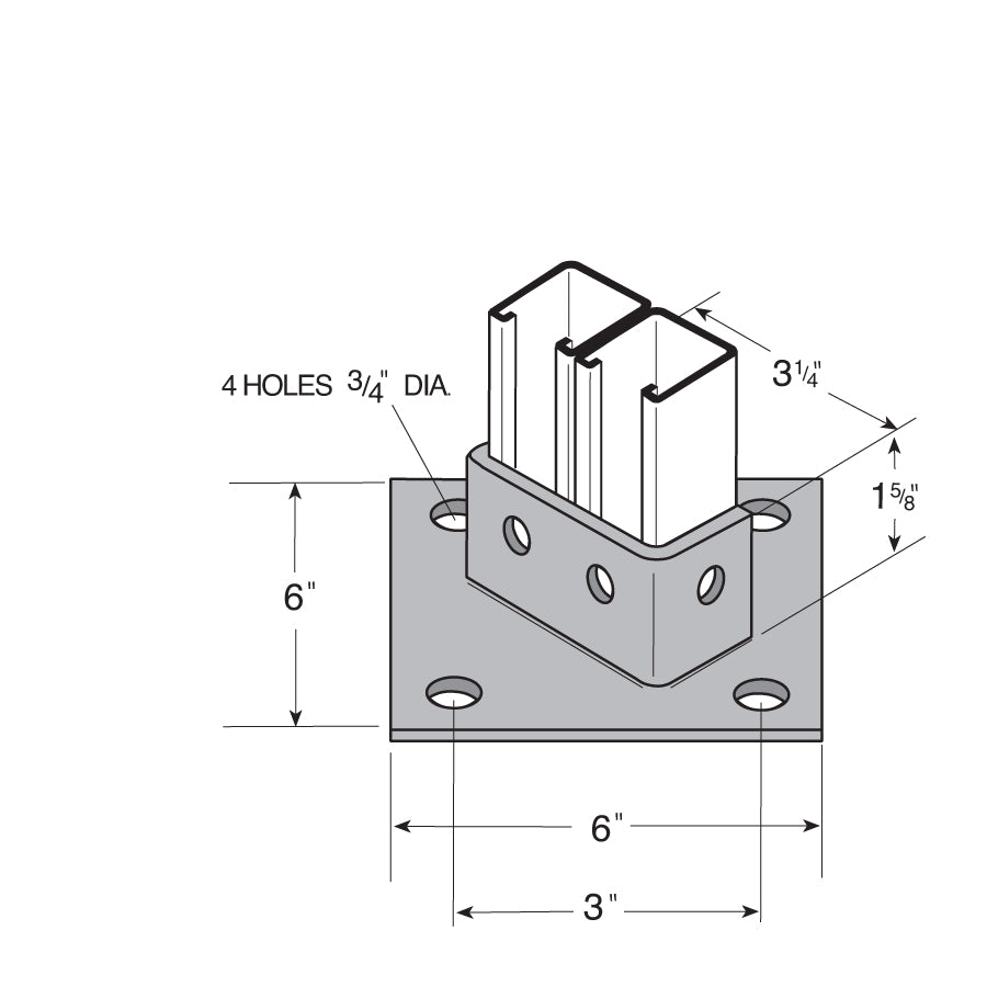 Flexstrut Dual Double Channel Post Base Drawing With Dimensions