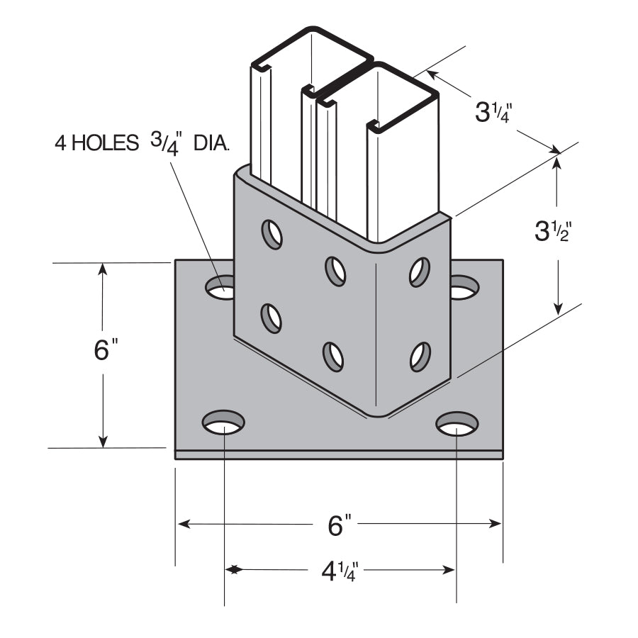 Flexstrut Double Channel Post Base 2-Level Drawing With Dimensions