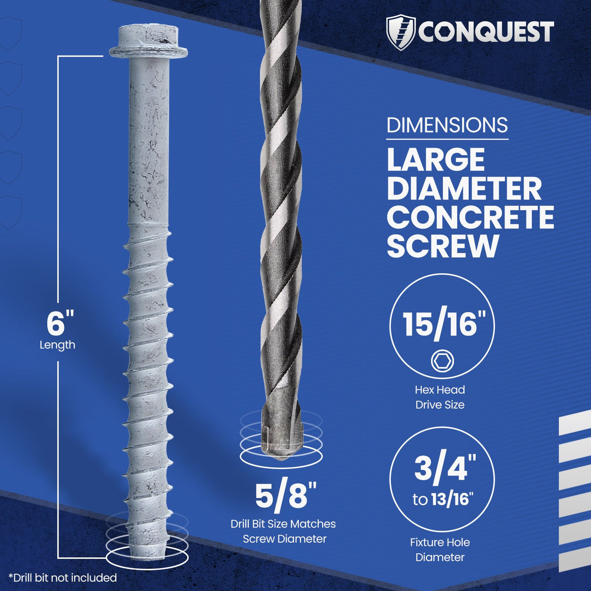 Large diameter concrete screw dimensions: length, drive, fixture hole diameter.