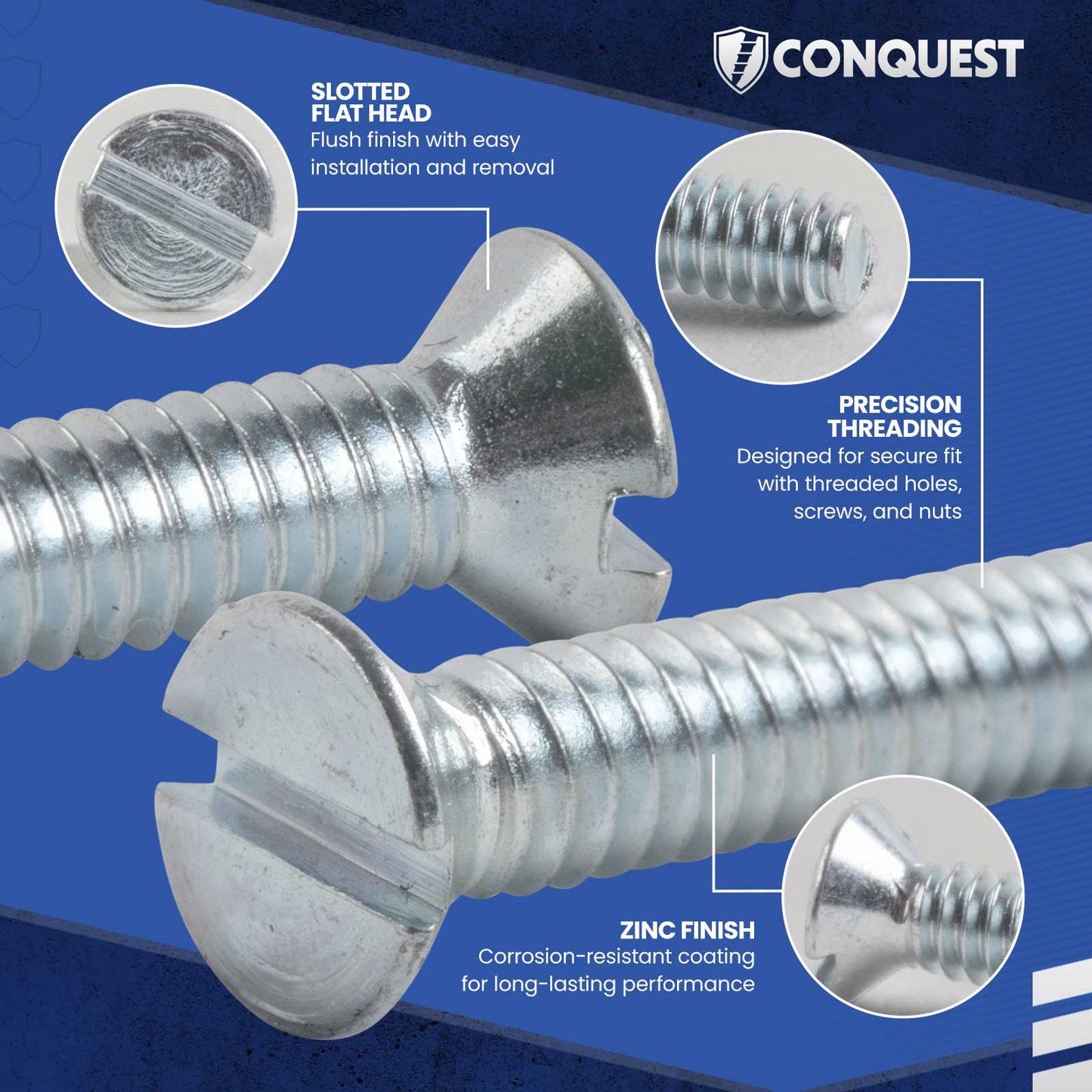 machine screws slotted flat head with zinc finish on a blue background featuring the Conquest brand.