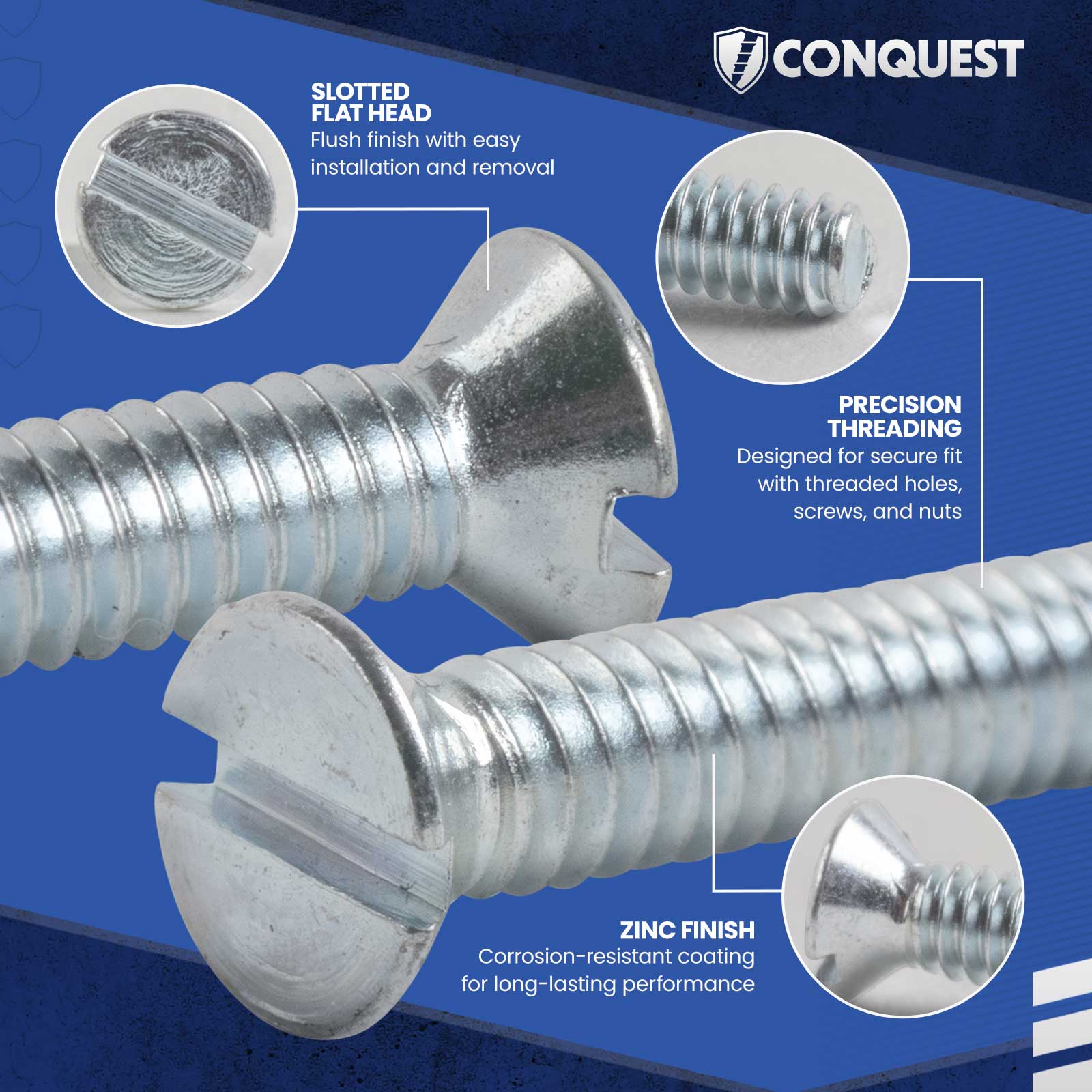 machine screws slotted flat head with zinc finish on a blue background featuring the Conquest brand.