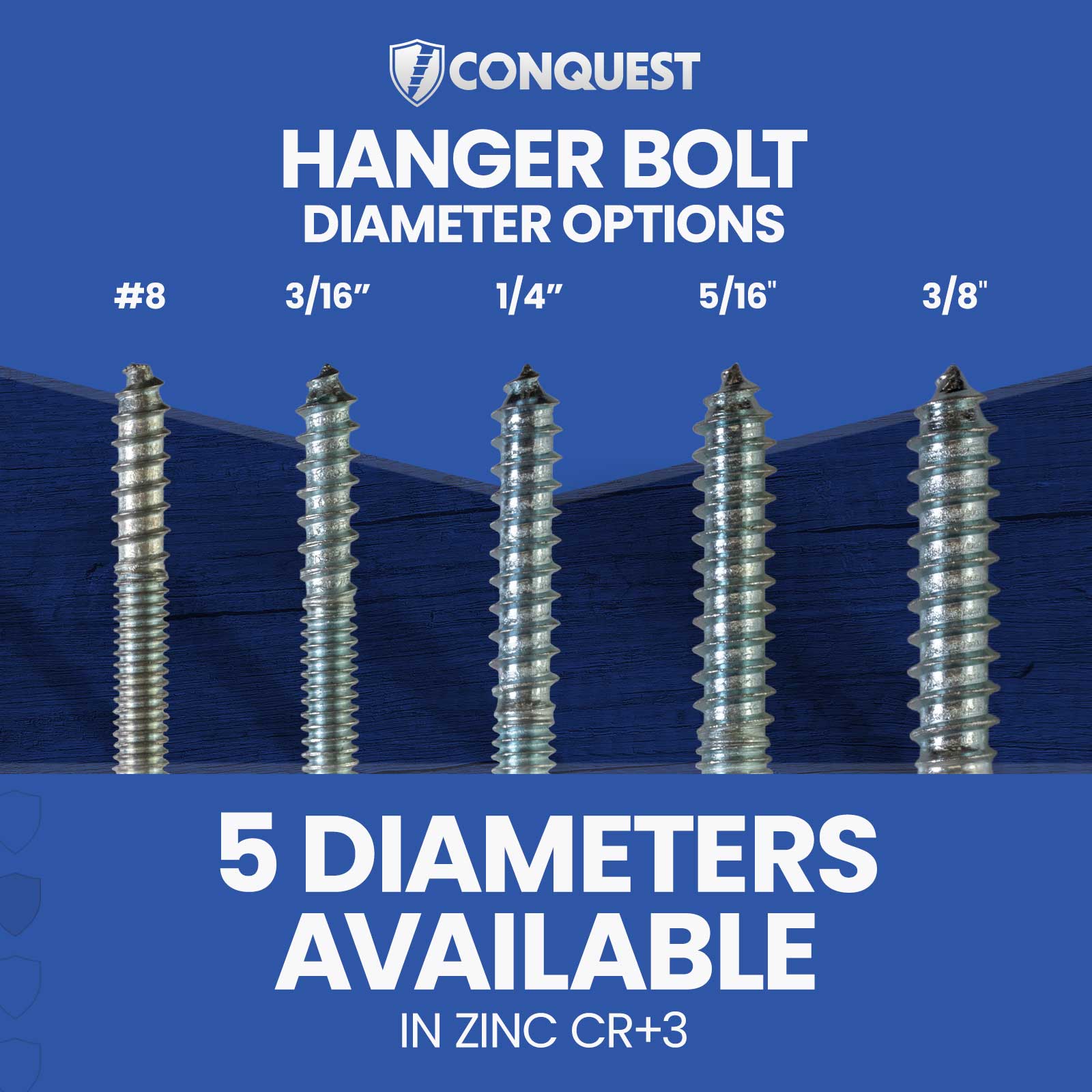 Hanger bolts with diameter options on a blue background, featuring the brand 'Conquest'.