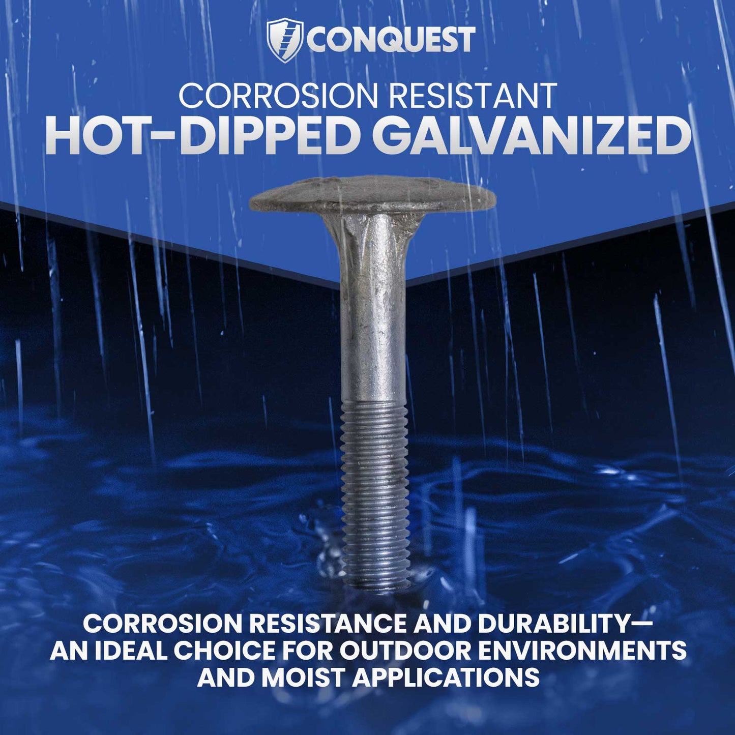 Corrosion-resistant hot-dipped galvanized screw featuring the Conquest brand.