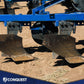 Close-up of a blue agricultural plow on a field