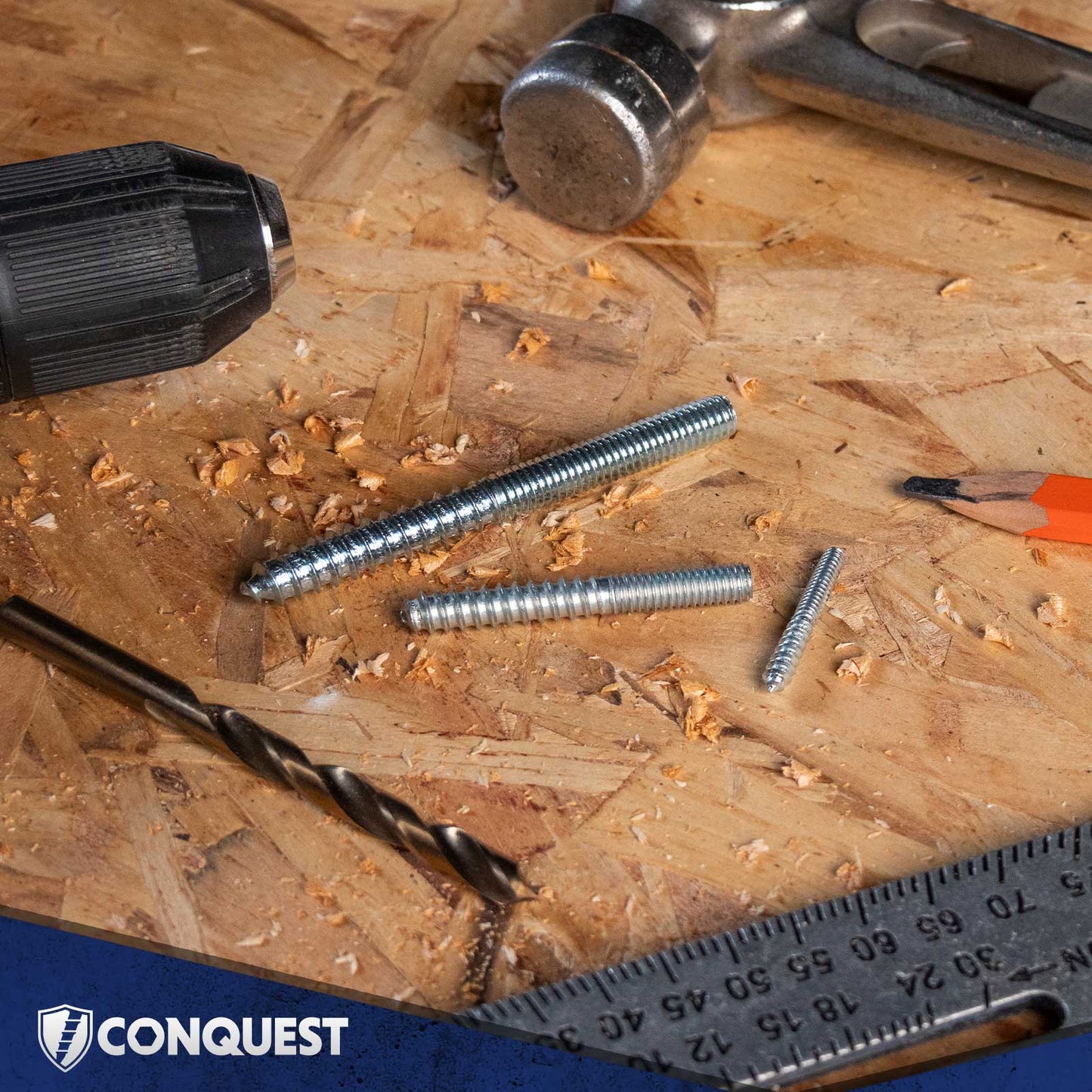 Hanger bolts, drill, and hammer on a wooden surface with 'Conquest' branding.