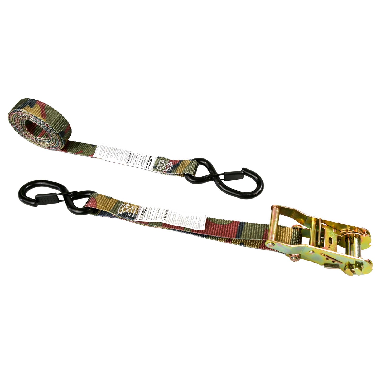 1" x 8' Camo Tree Stand Ratchet Strap w/ Vinyl Coated S-Hook w/ Keeper