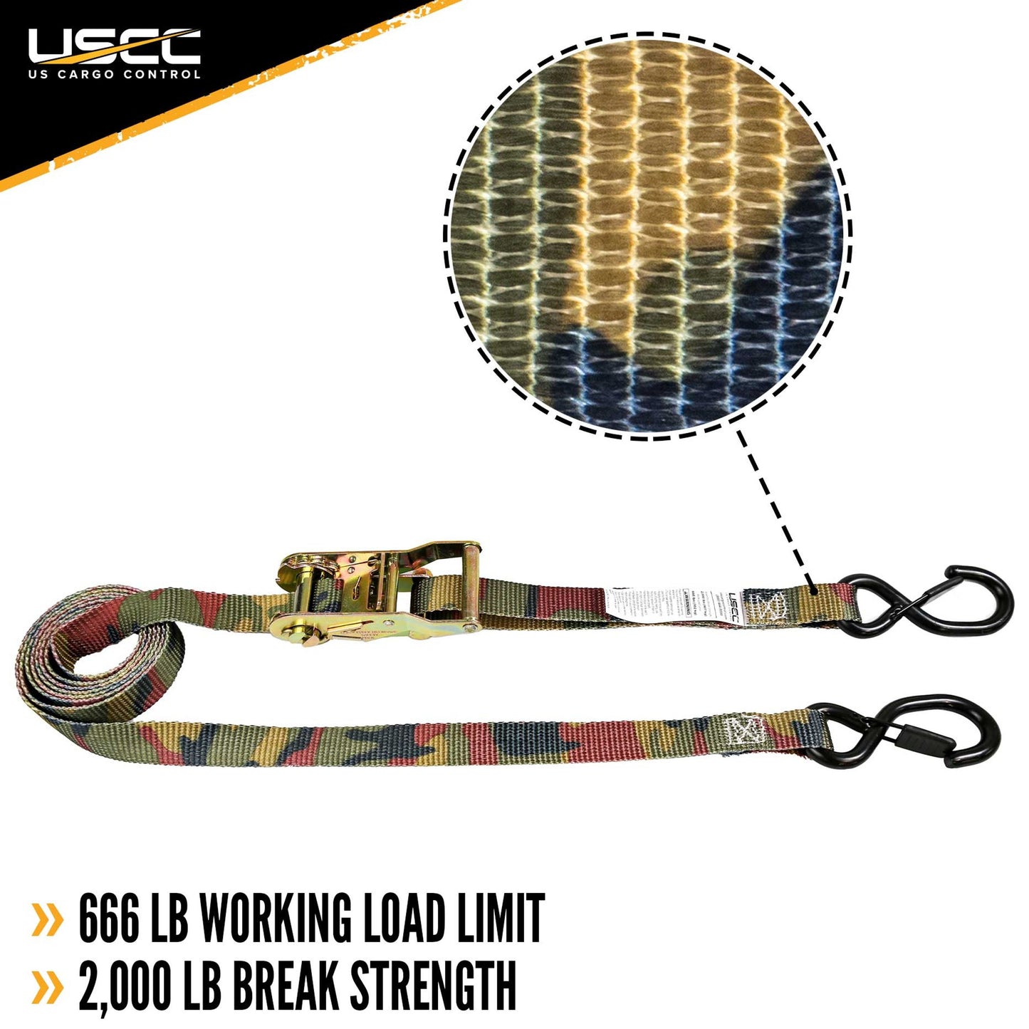 1" x 8' Camo Tree Stand Ratchet Strap w/ Vinyl Coated S-Hook w/ Keeper