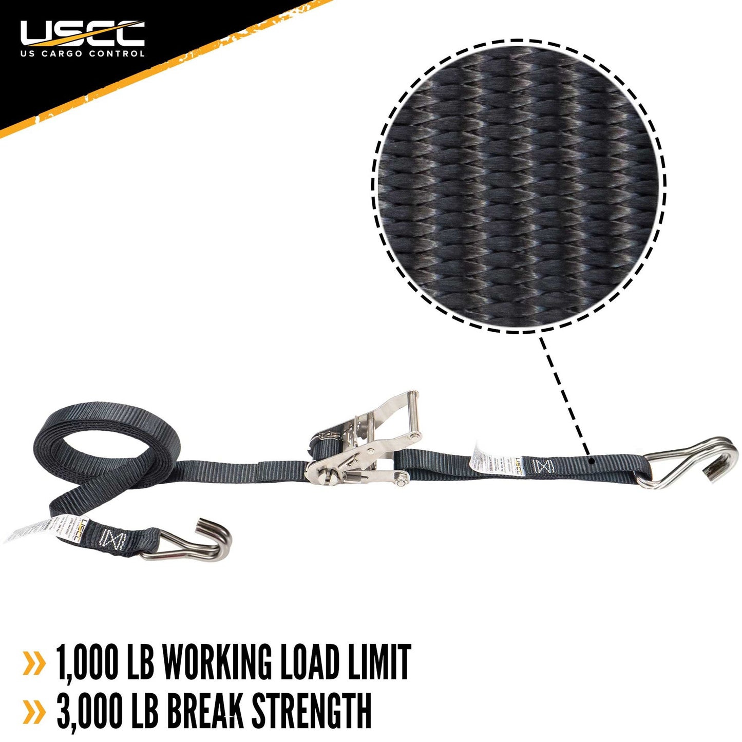 1" x 10' Black Ratchet Strap w/ Stainless Steel Ratchet & Wire Hooks