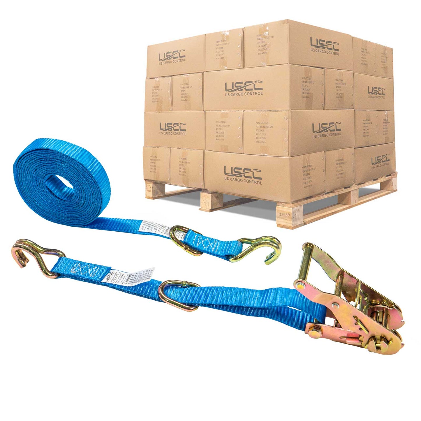 1" x 15' Ratchet Strap w/ J-Hook & D-Ring | 1000-Pack (Pallet)