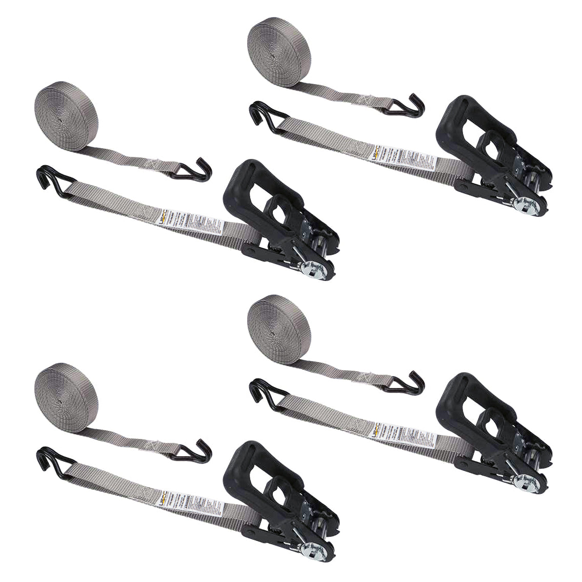 1" x 20' Rubber Coated Ratchet Strap w/ Vinyl Coated Wire Hooks | 4-Pack