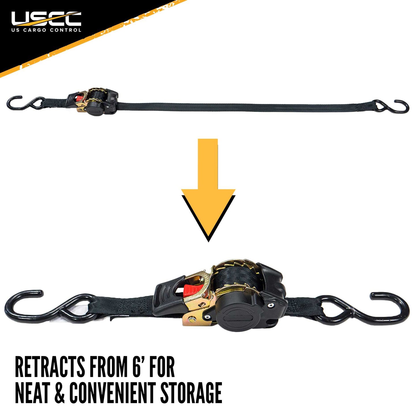 1" x 6' Retractable Ratchet Strap w/ Vinyl Coated S-Hooks and Push Button Release | 2-Pack