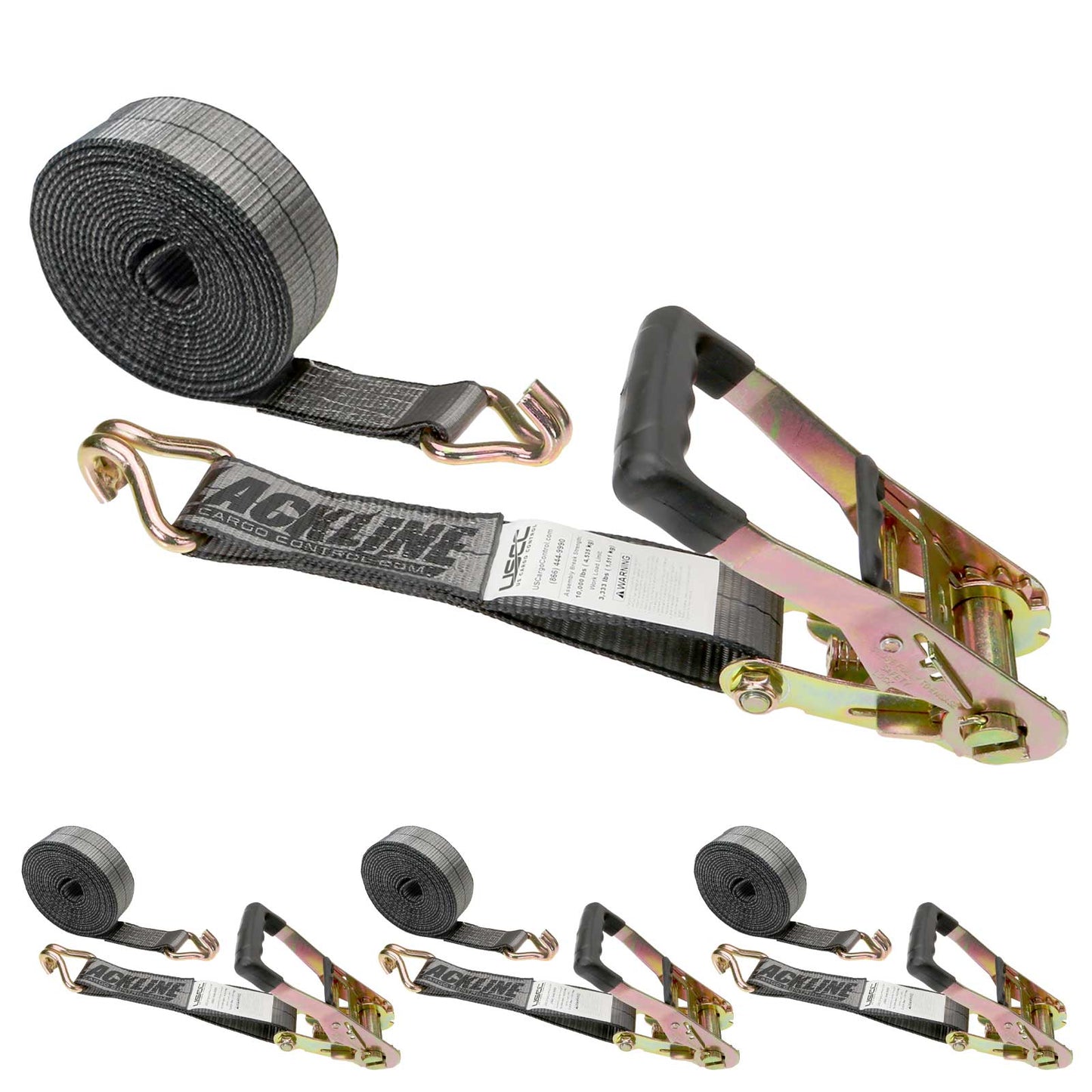 Blackline 2" x 18' Heavy-Duty Ratchet Strap with Wire / Double J Hooks | 4-Pack