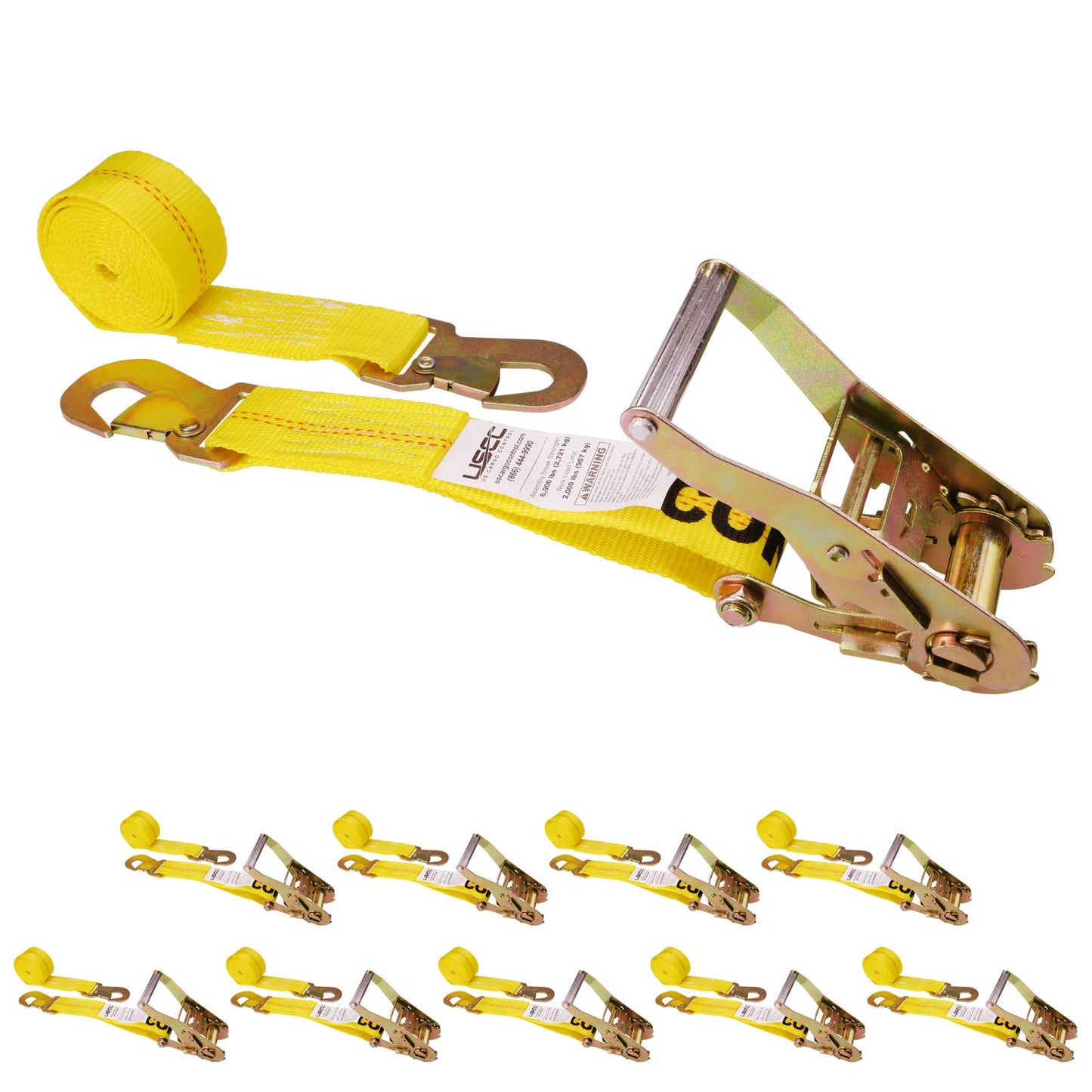 2" x 8' Car Tie Down Ratchet Strap with Flat Snap Hooks | Yellow | 10-Pack