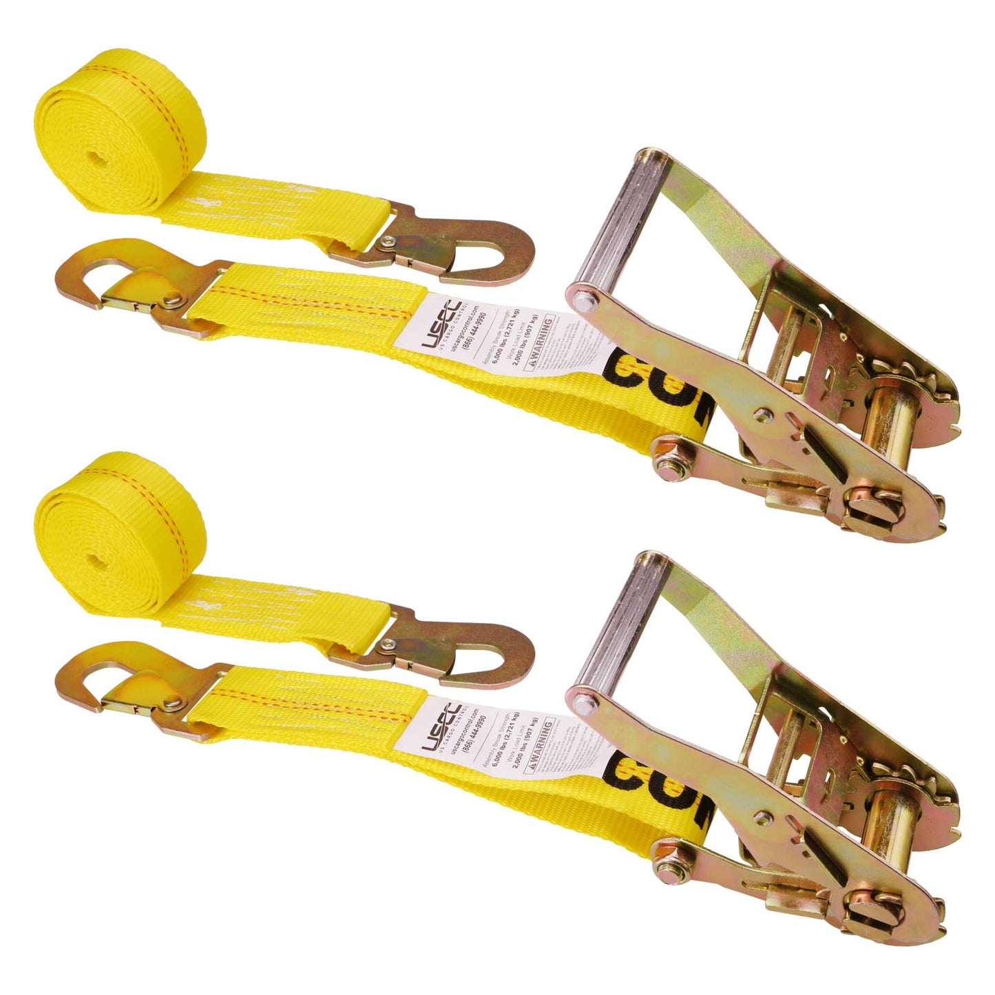 2" x 8' Car Tie Down Ratchet Strap with Flat Snap Hooks | Yellow | 2-Pack