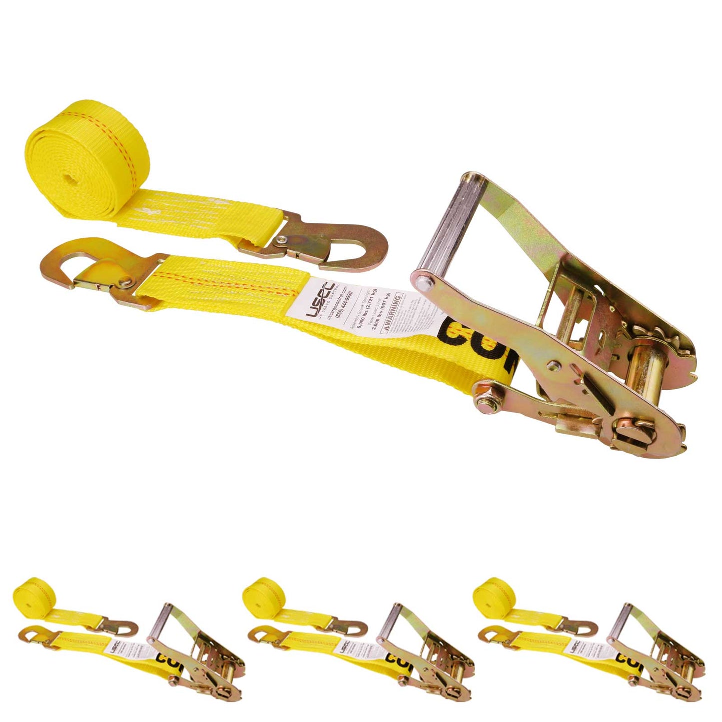 2" x 8' Car Tie Down Ratchet Strap with Flat Snap Hooks | Yellow | 4-Pack