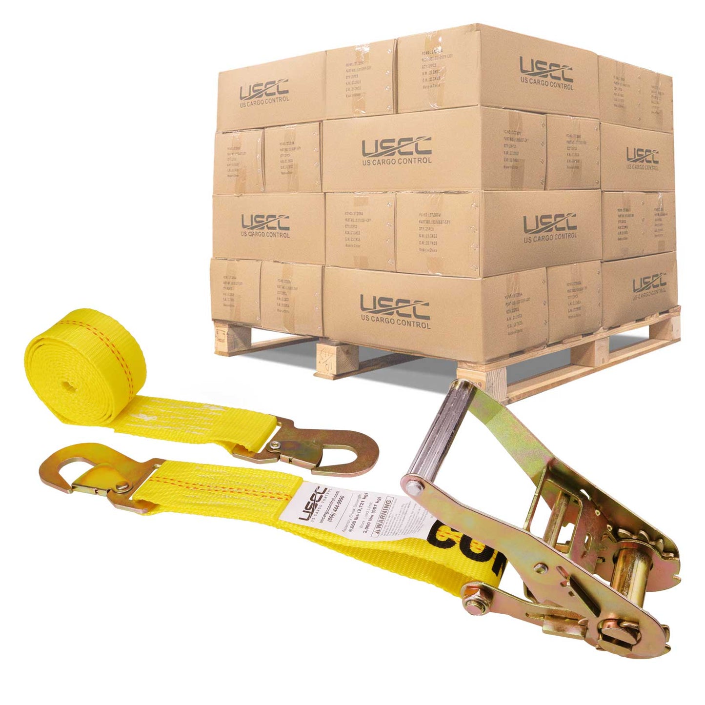 2" x 8' Car Tie Down Ratchet Strap with Flat Snap Hooks | Yellow | 480-Pack (Pallet)