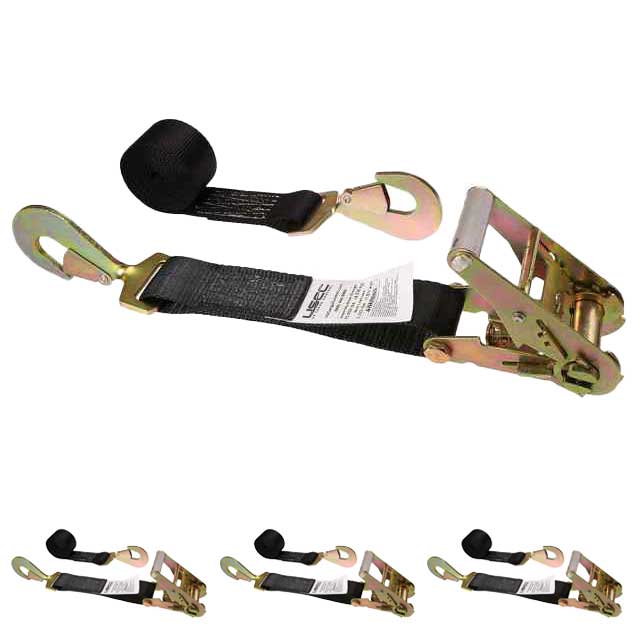 2" x 12' Car Tie Down Ratchet Strap with Twisted Snap Hooks | Black | 4-Pack