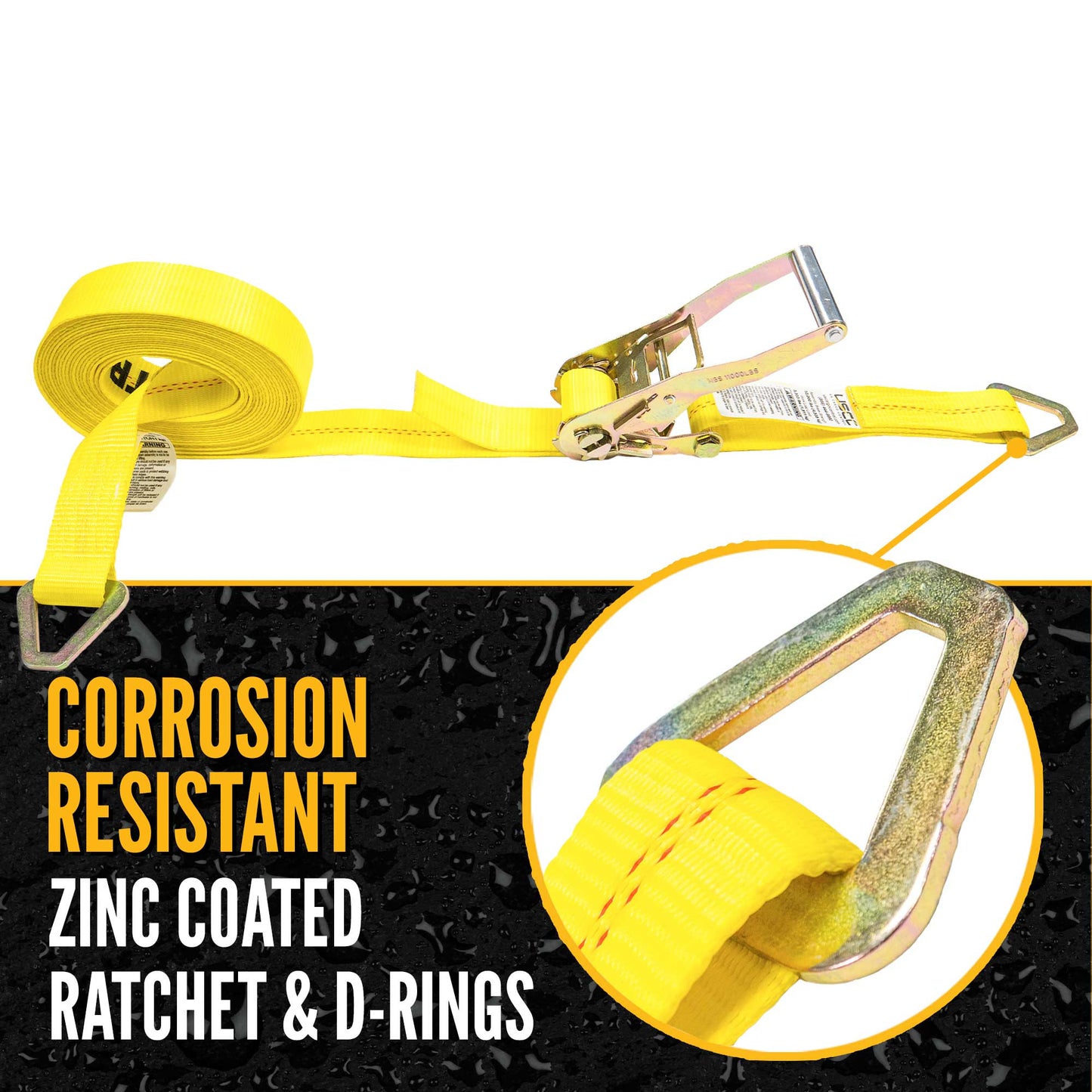 2" x 30' Ratchet Strap with D-Rings | Yellow