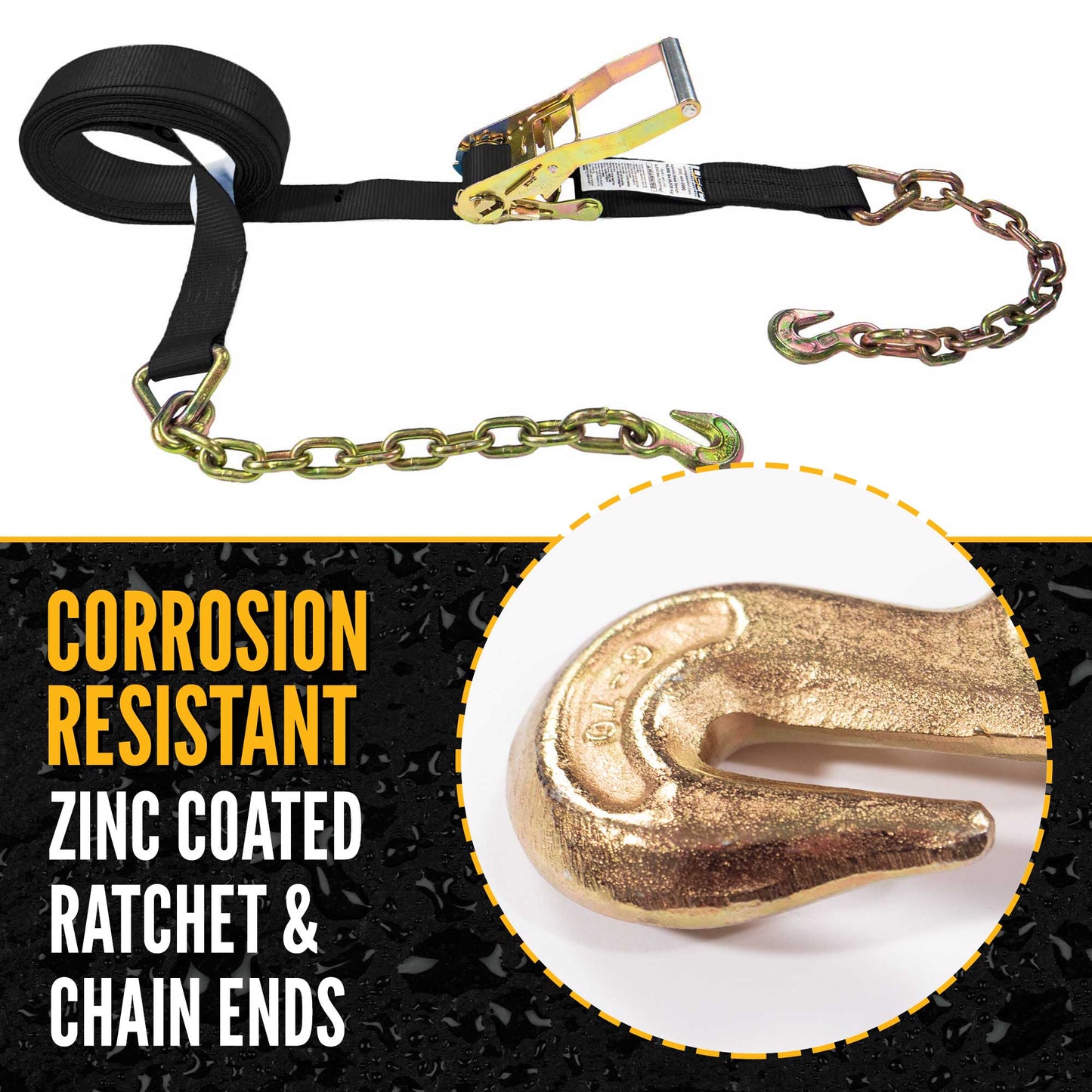 2" x 27' Ratchet Strap with Chain Extension | Black