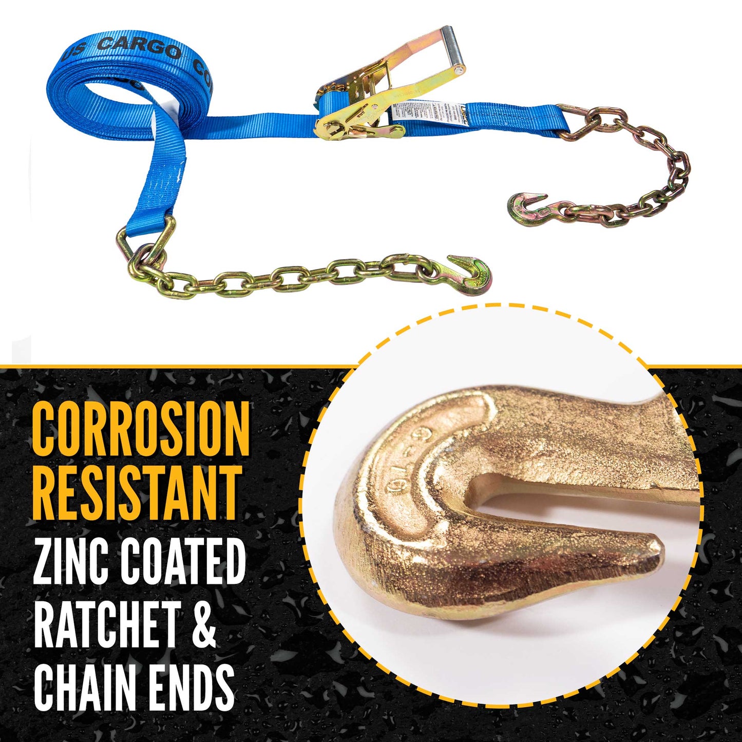 2" x 27' Ratchet Strap with Chain Extension | Blue