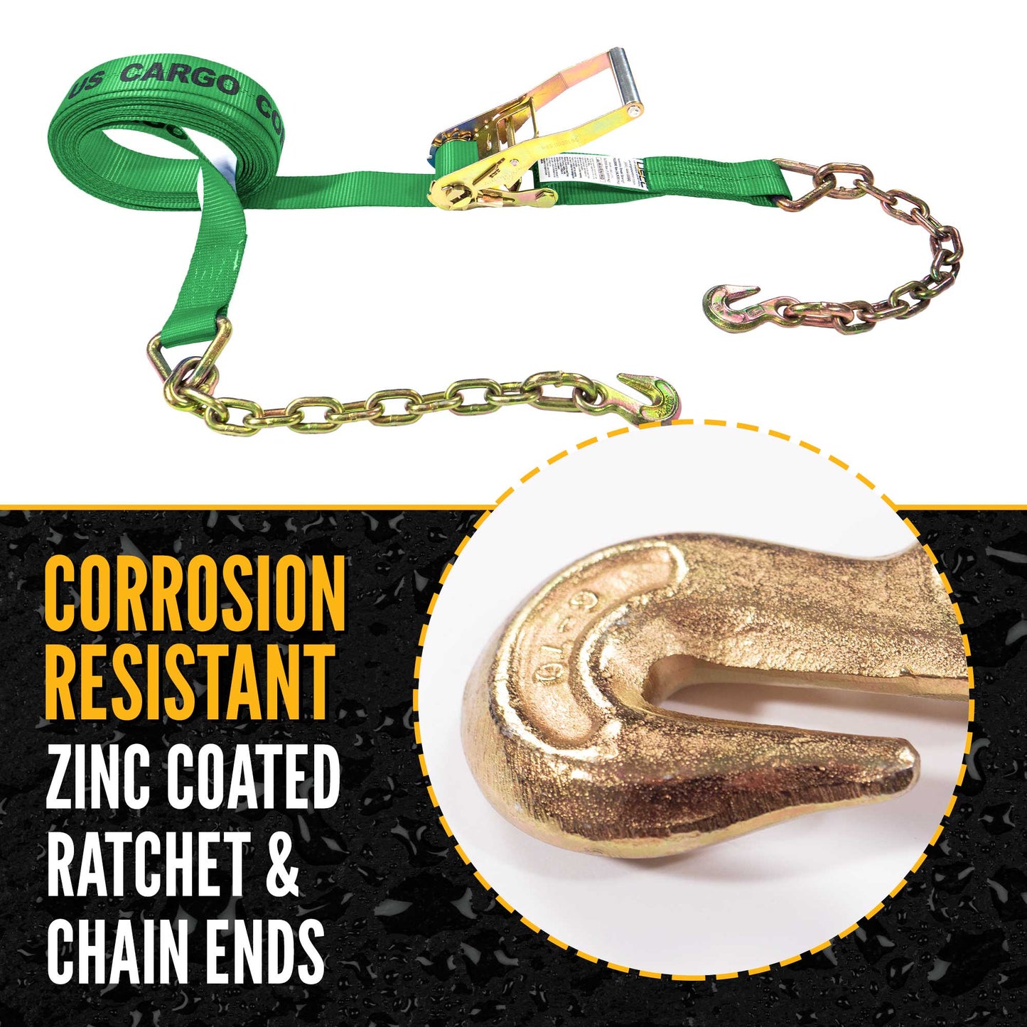 2" x 27' Ratchet Strap with Chain Extension | Green