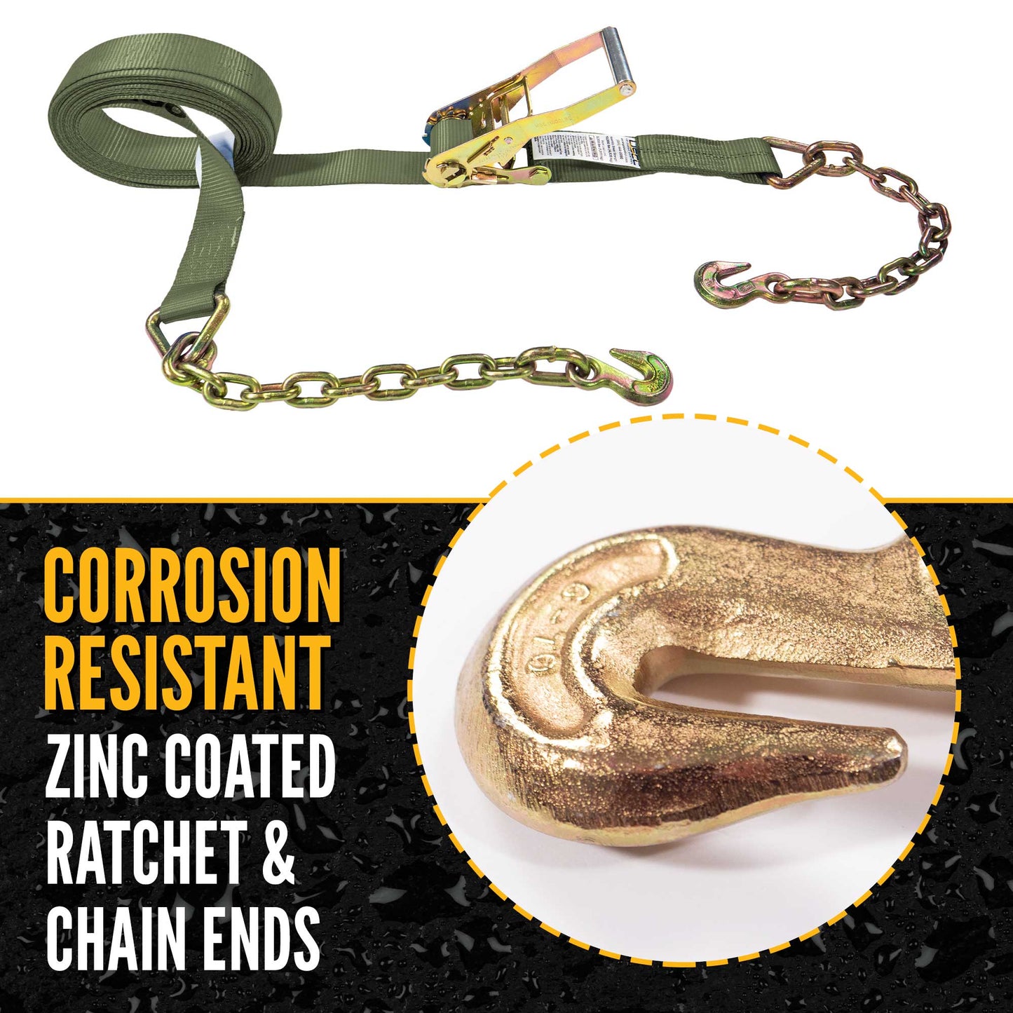 2" x 27' Ratchet Strap with Chain Extension | Olive Drab