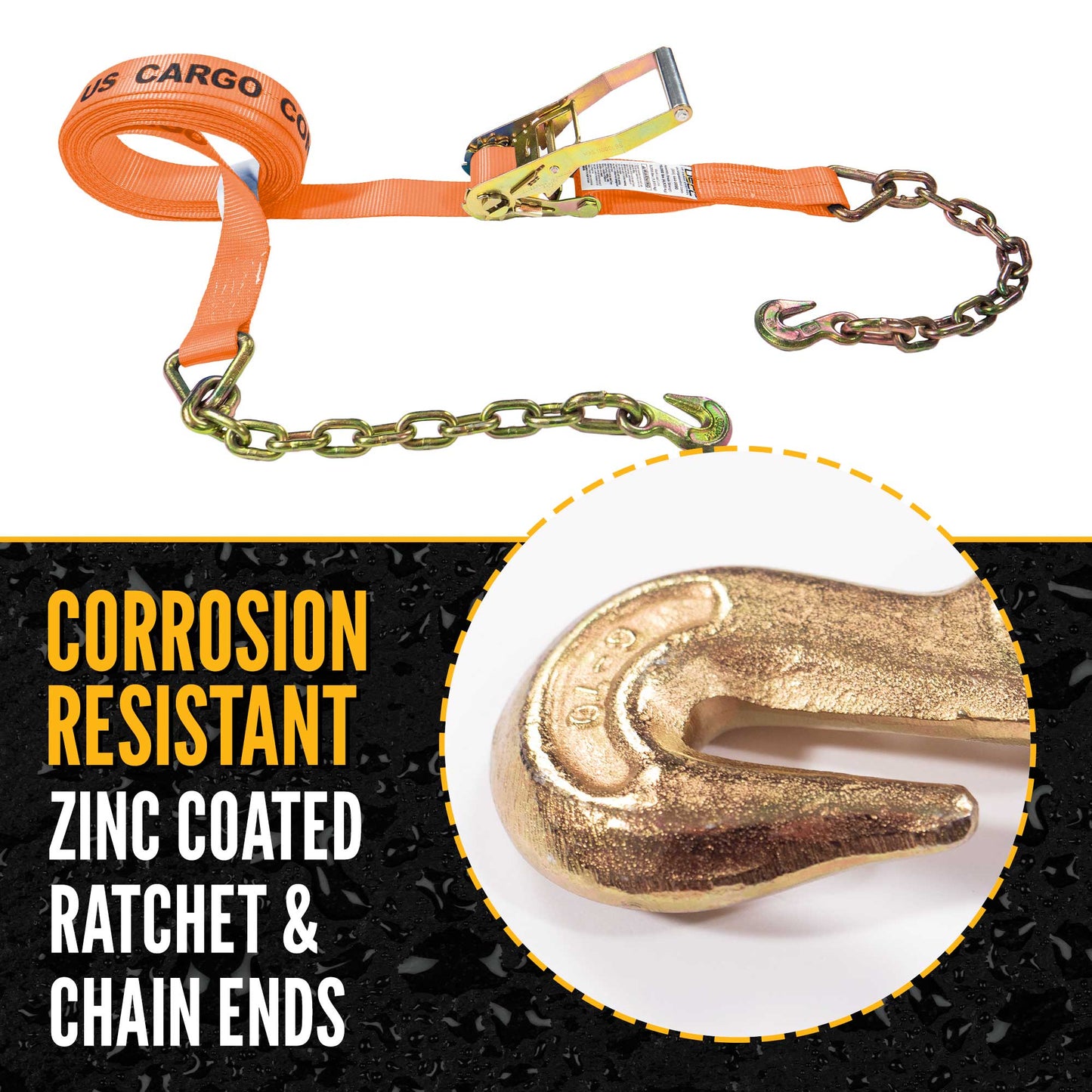2" x 27' Ratchet Strap with Chain Extension | Orange
