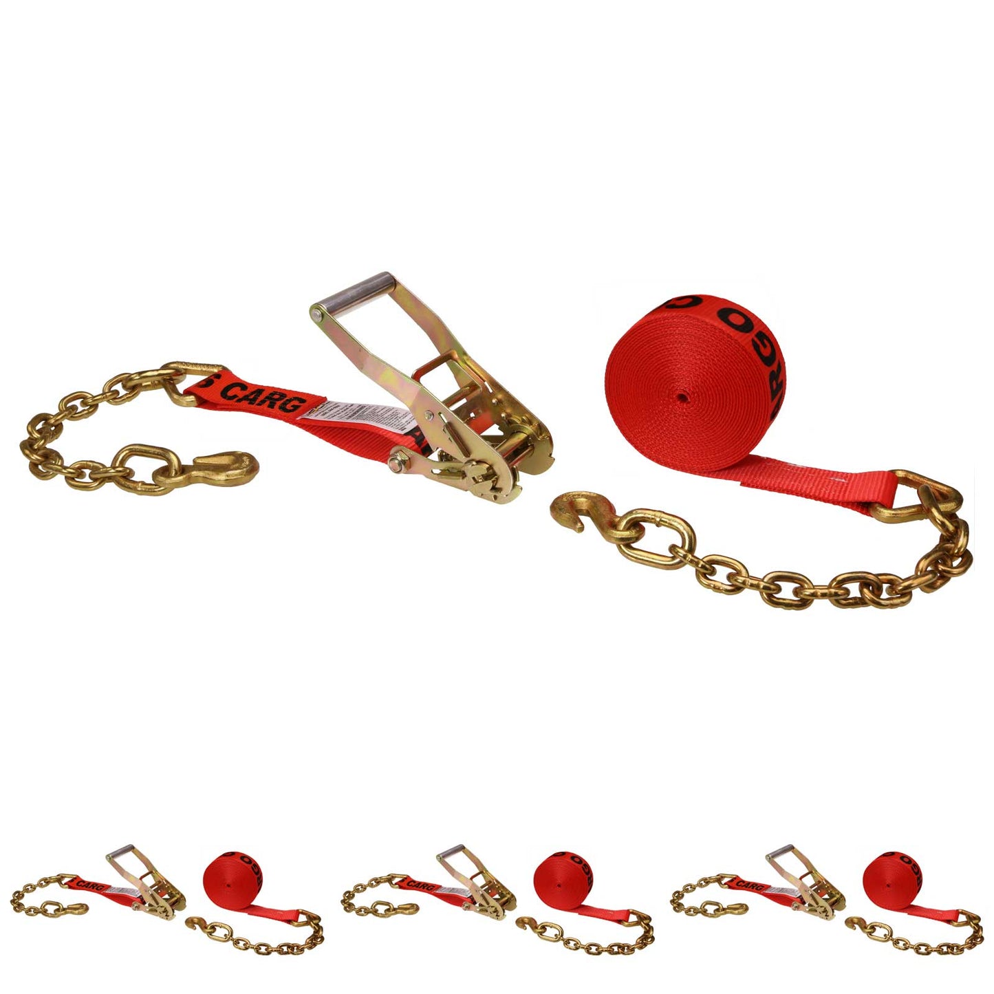 2" x 27' Ratchet Strap with Chain Extension | Red | 4-Pack