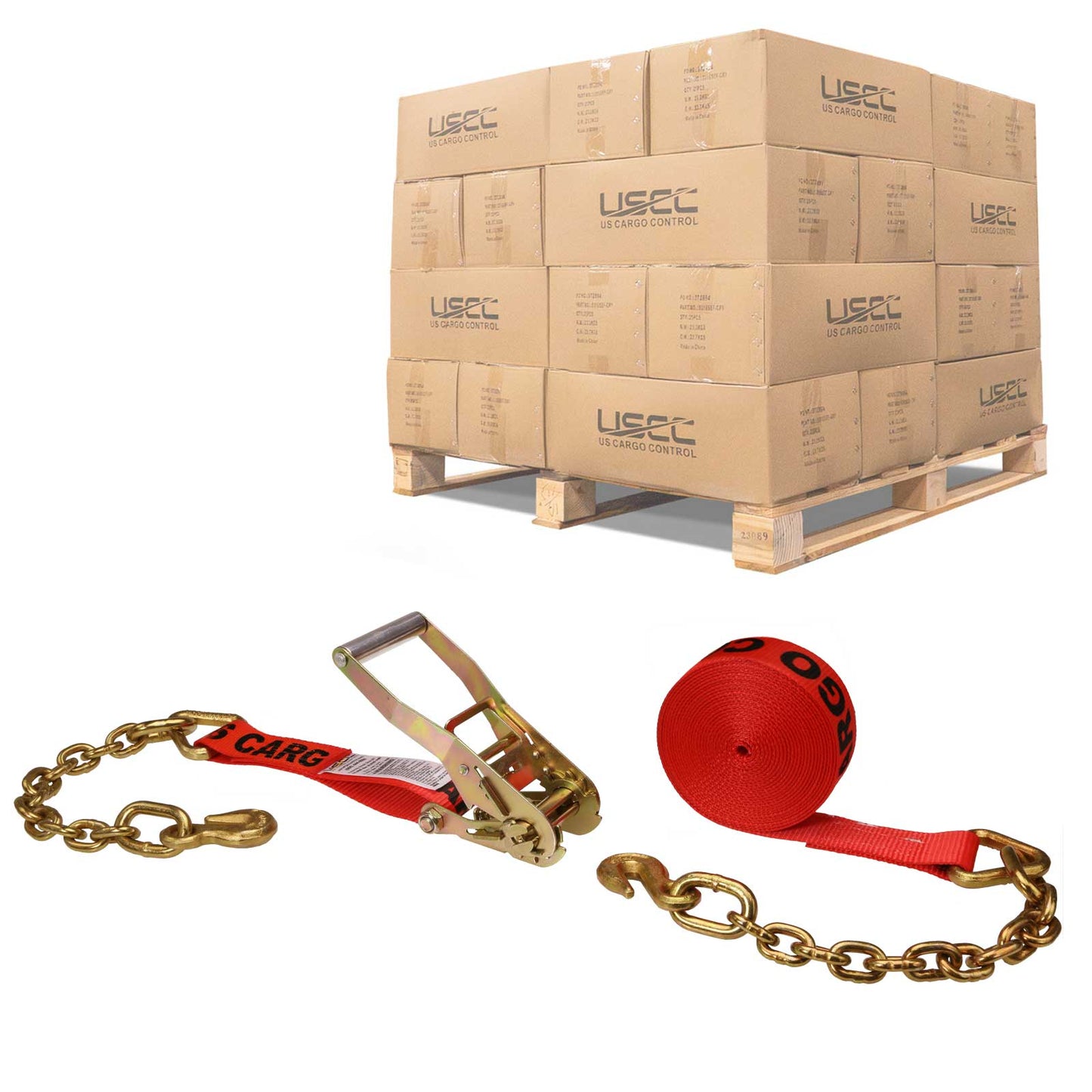 2" x 27' Ratchet Strap with Chain Extension | Red | 240-Pack (Pallet)