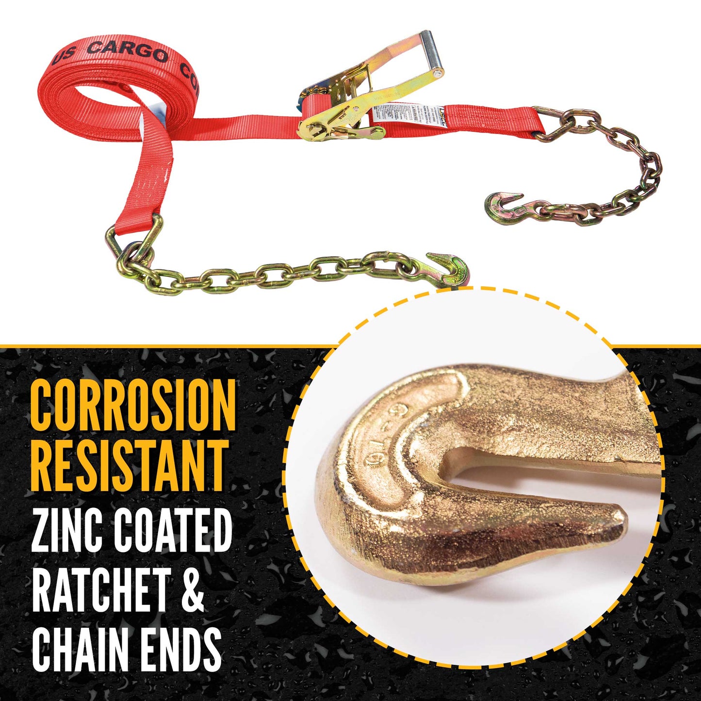2" x 27' Ratchet Strap with Chain Extension | Red | 4-Pack