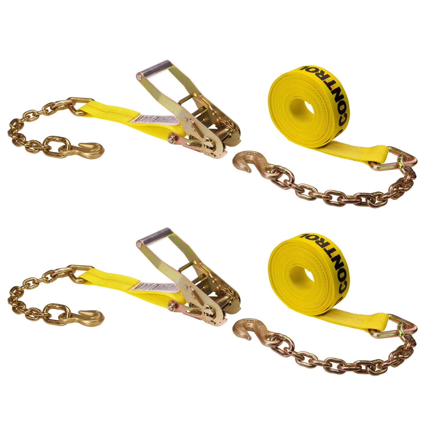 2" x 27' Ratchet Strap with Chain Extension | Yellow | 2-Pack