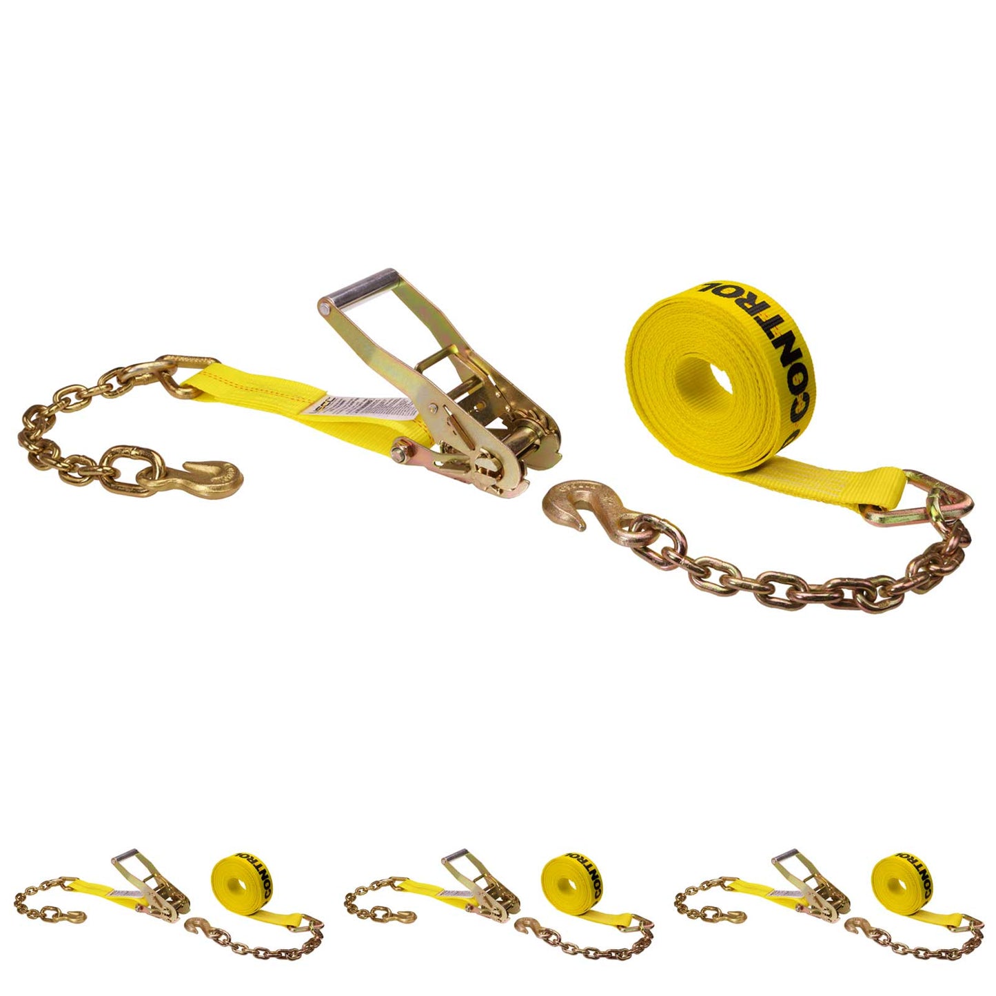 2" x 30' Ratchet Strap with Chain Extension | Yellow | 4-Pack