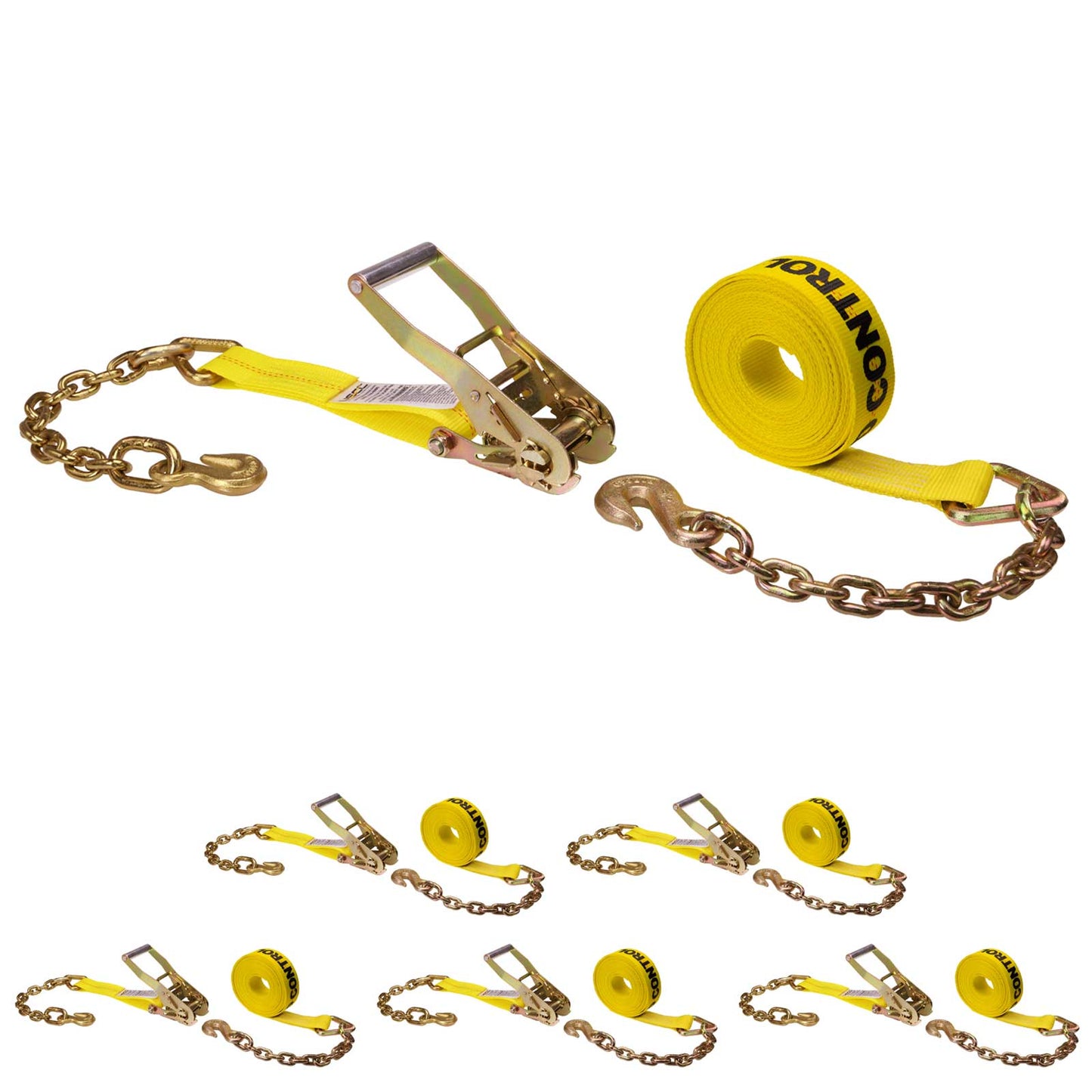 2" x 27' Ratchet Strap with Chain Extension | Yellow | 6-Pack