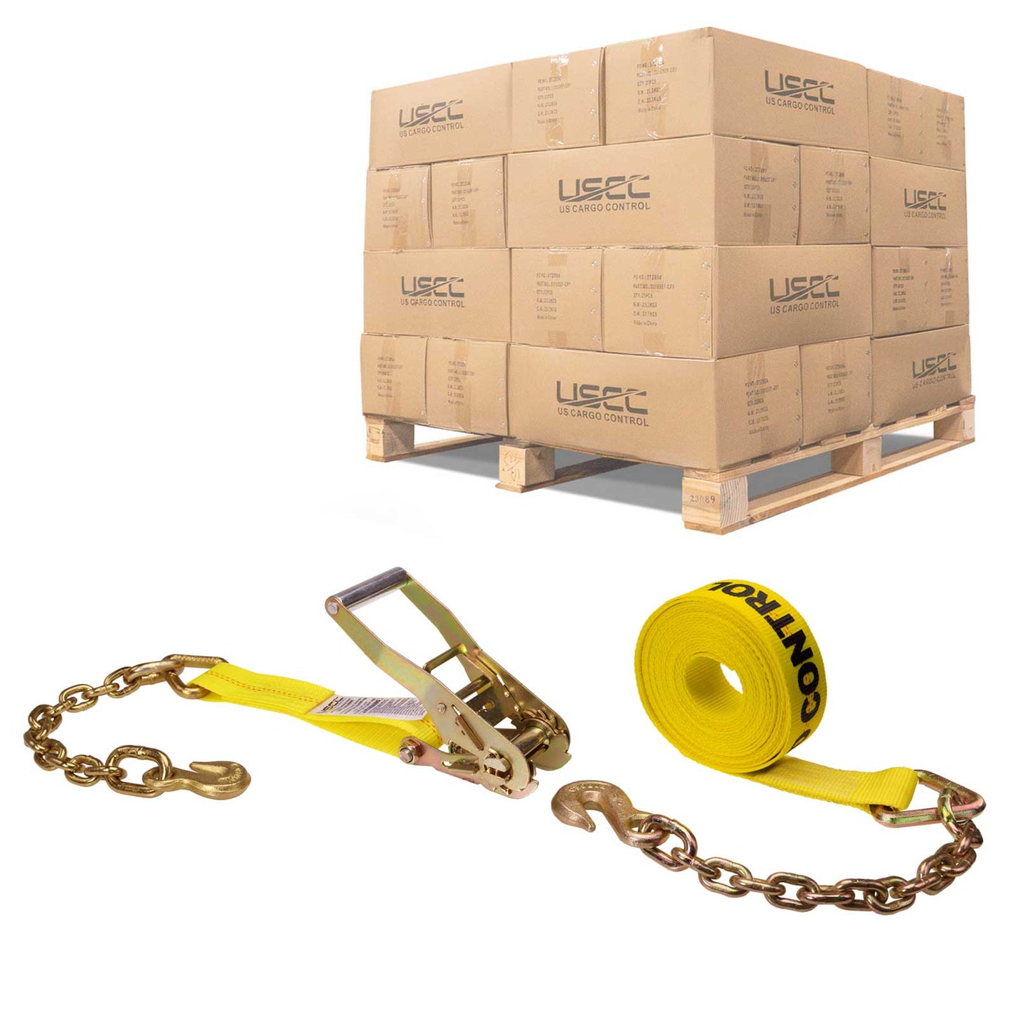 2" x 27' Ratchet Strap with Chain Extension | Yellow | 240-Pack (Pallet)