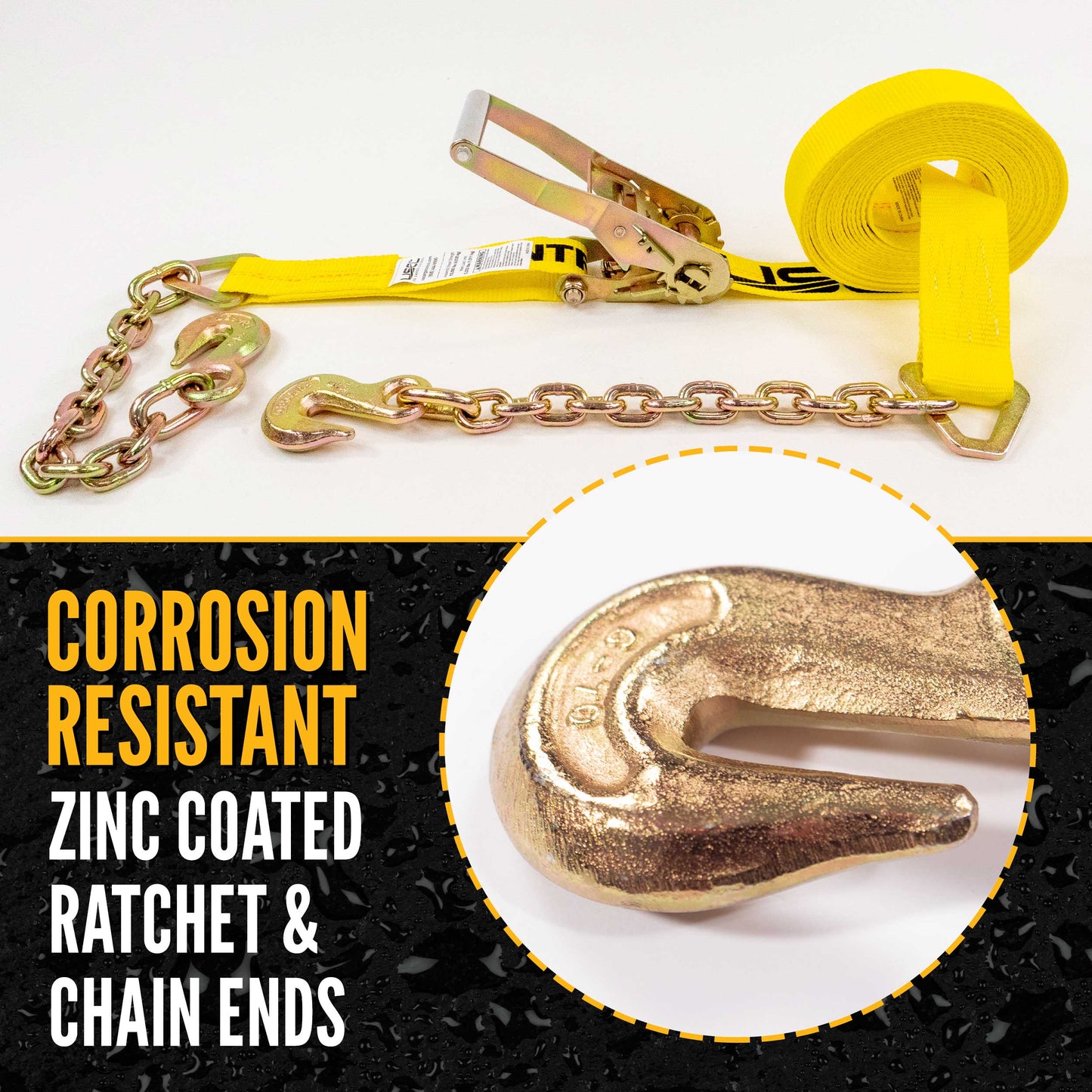 2" x 30' Ratchet Strap with Chain Extension | Yellow | 6-Pack
