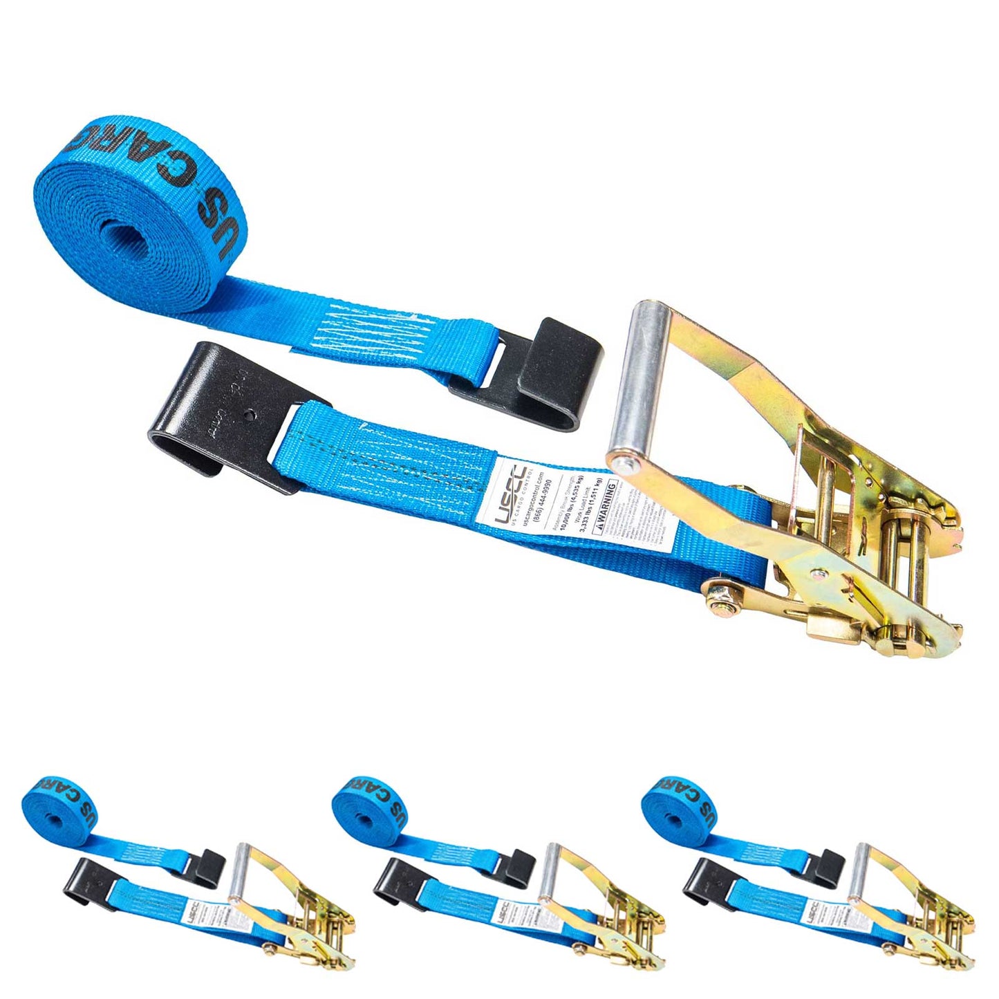 2" x 18' Ratchet Strap with Flat Hooks | Blue | 4-Pack