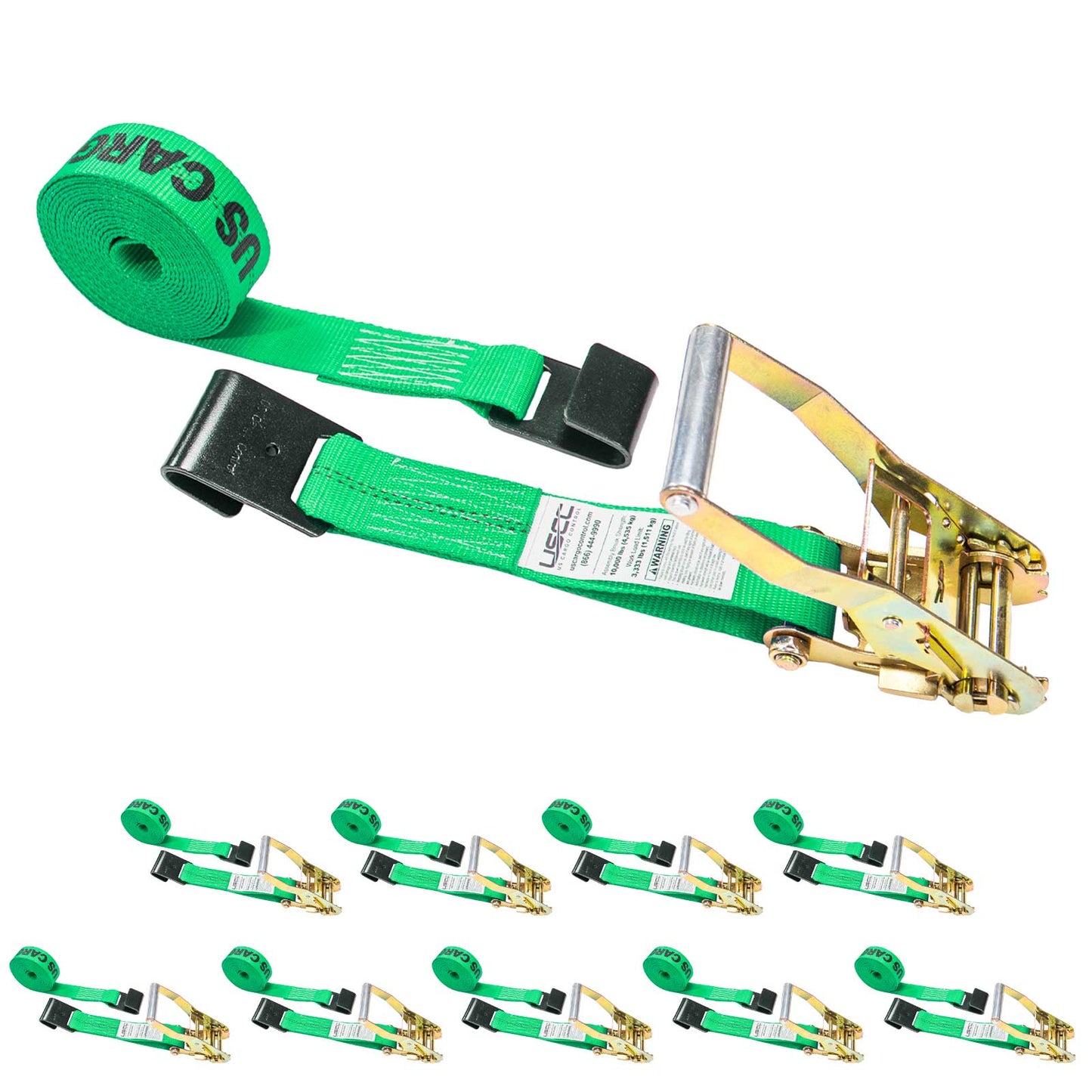 2" x 27' Ratchet Strap with Flat Hooks | Green | 10-Pack