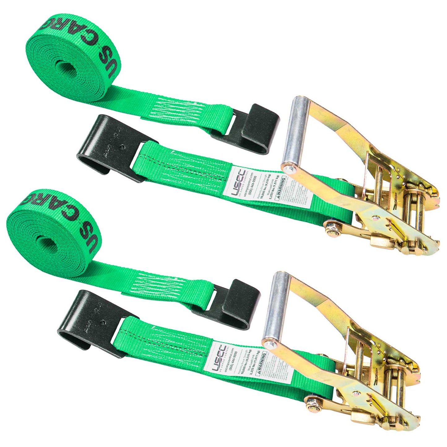 2" x 18' Ratchet Strap with Flat Hooks | Green | 2-Pack