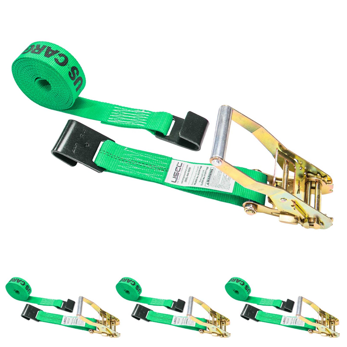 2" x 30' Ratchet Strap with Flat Hooks | Green | 4-Pack