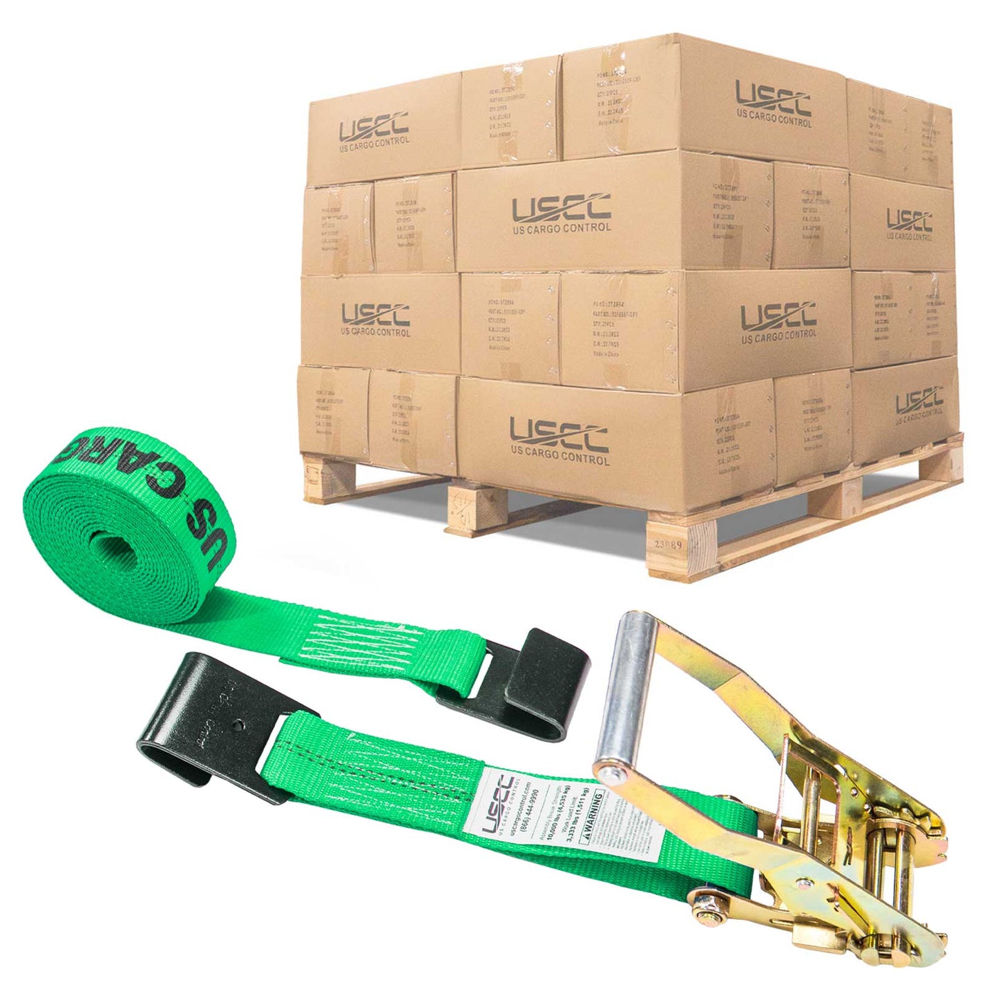 2" x 27' Ratchet Strap with Flat Hooks | Green | 320-Pack (Pallet)