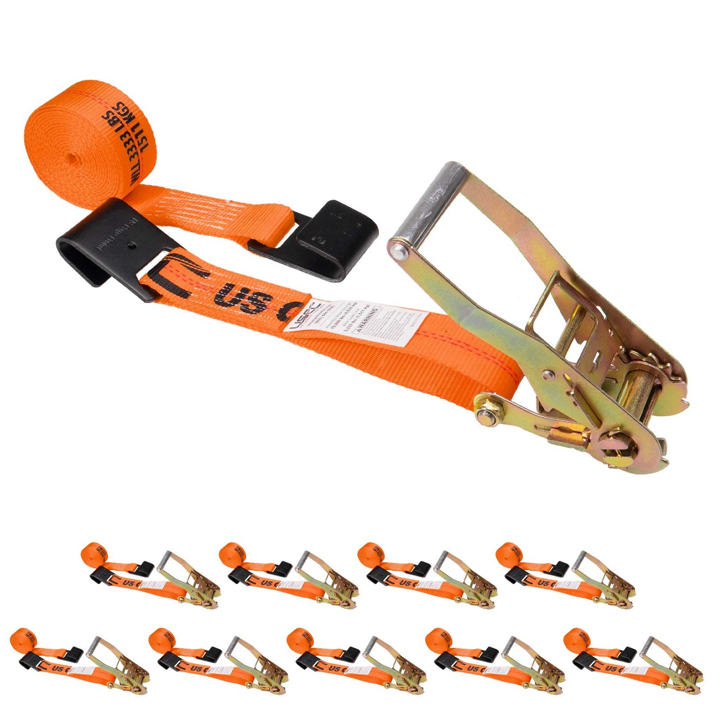 2" x 27' Ratchet Strap with Flat Hooks | Orange | 10-Pack