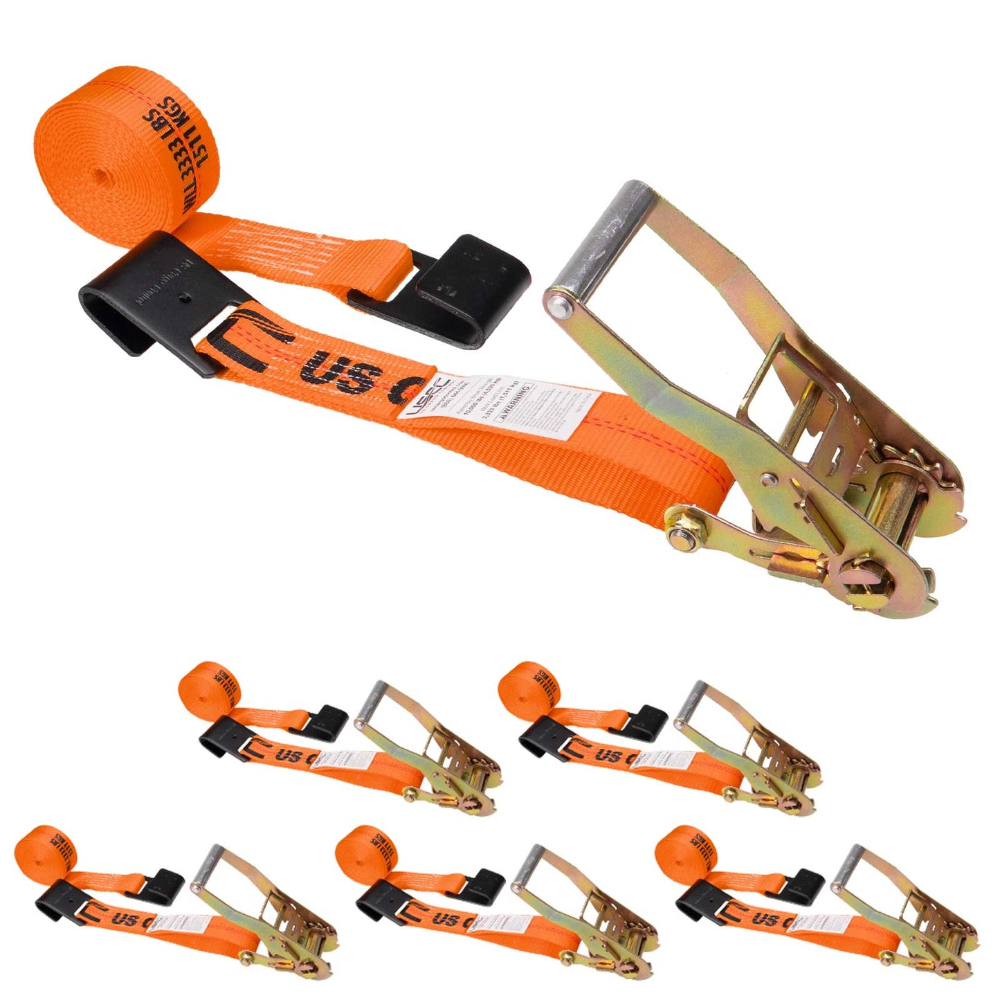 2" x 30' Ratchet Strap with Flat Hooks | Orange | 6-Pack