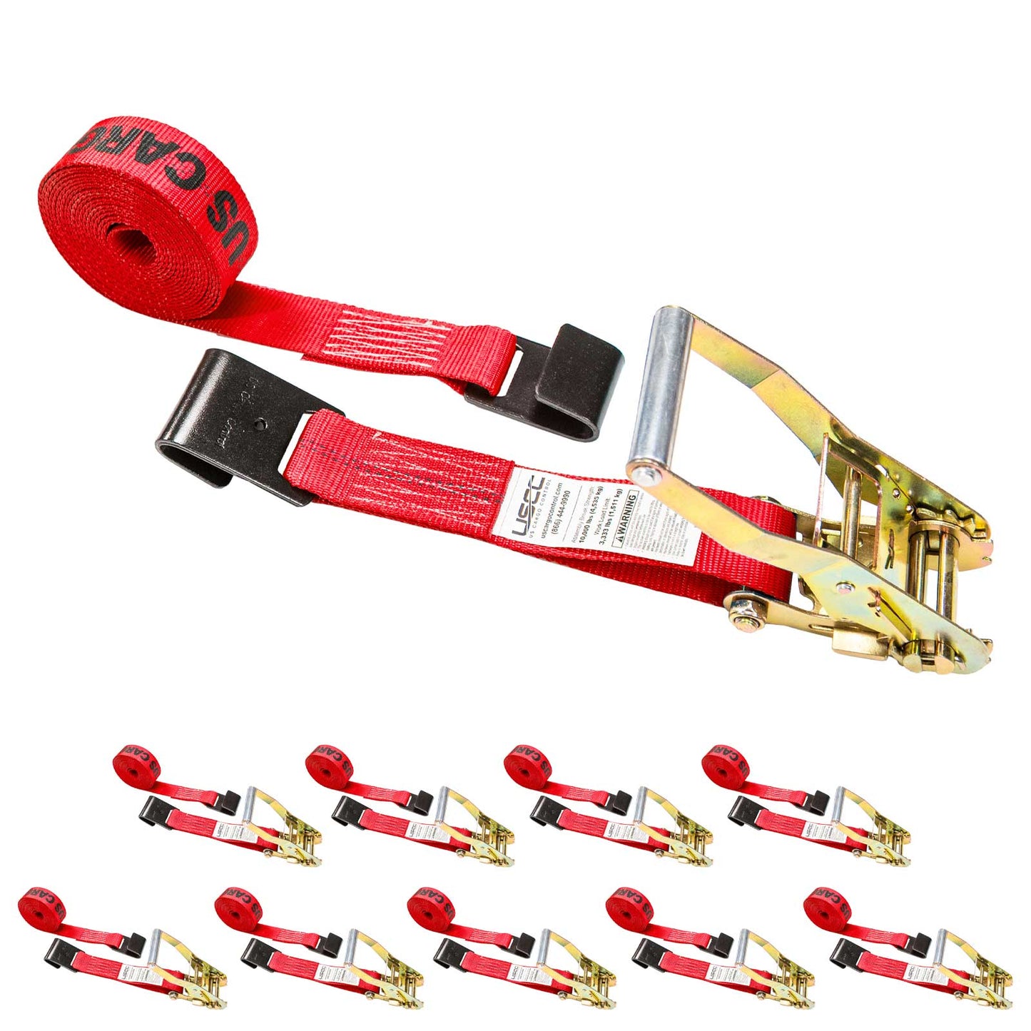 2" x 18' Ratchet Strap with Flat Hooks | Red | 10-Pack