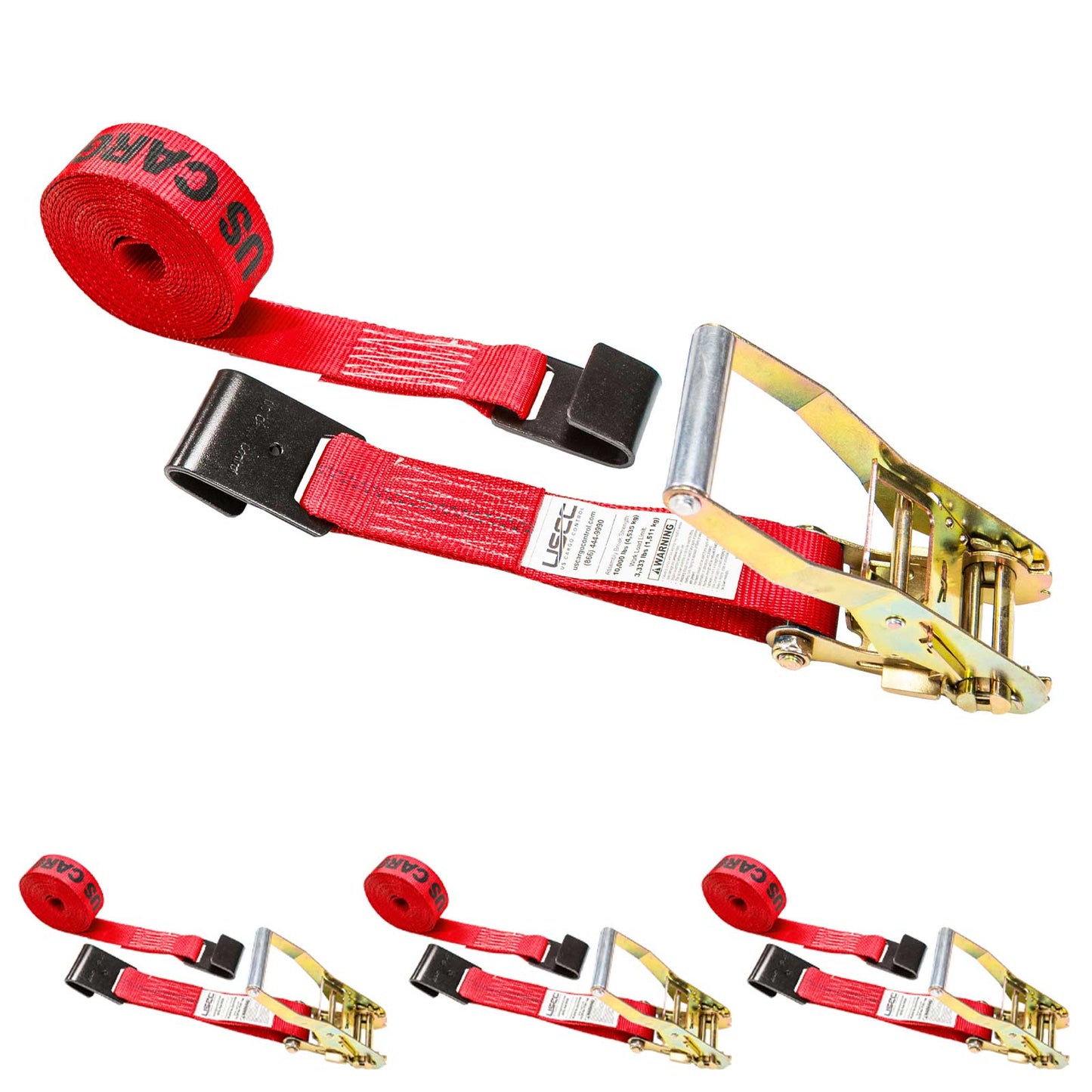 2" x 30' Ratchet Strap with Flat Hooks | Red | 4-Pack